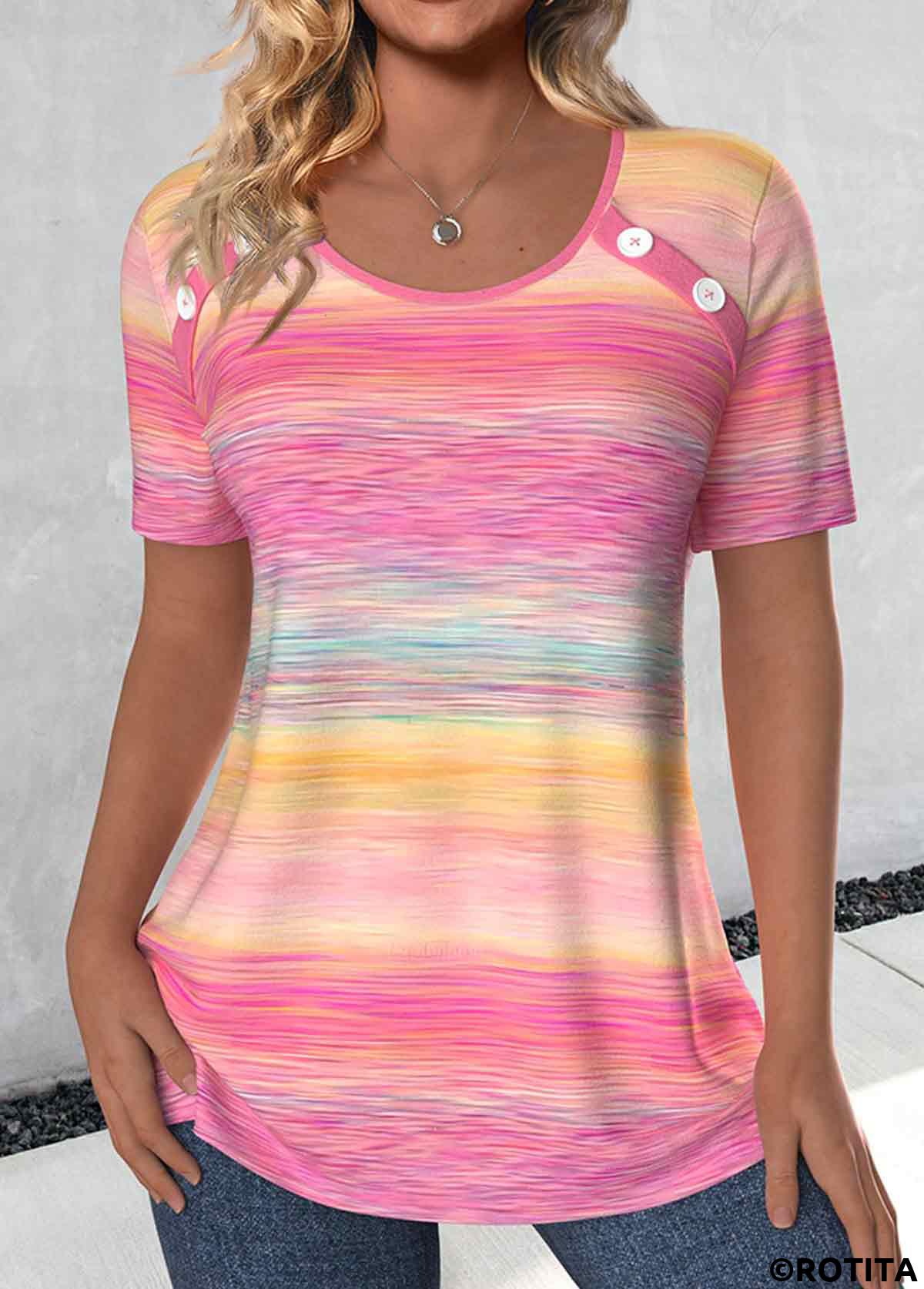 Pink plus size,Rainbow Color plus size,Ombre plus size,ROTITA Plus Size Button Pink Ombre Round Neck T Shirt