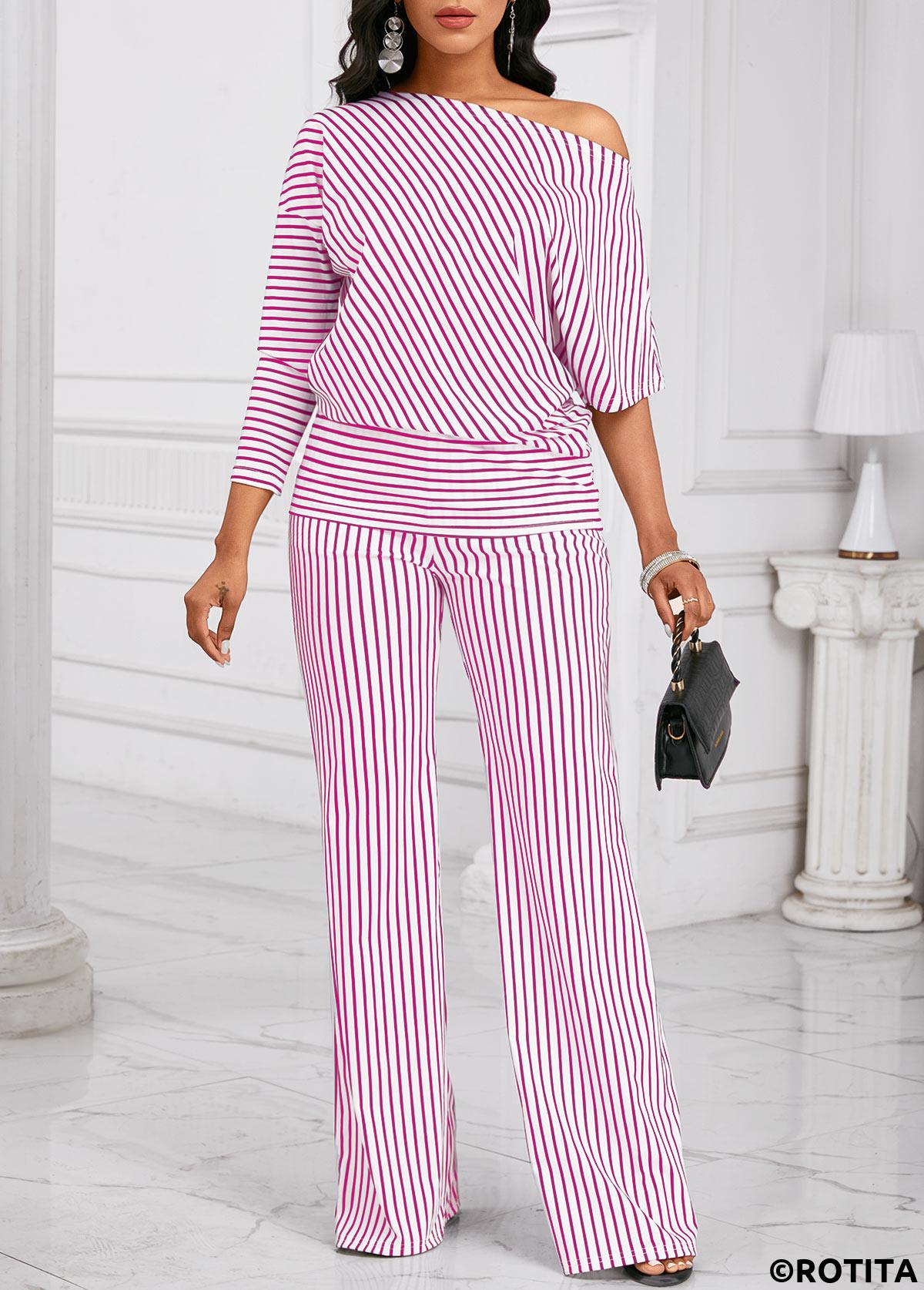 Dark Reddish Purple jumpsuits&rompers,Striped jumpsuits&rompers,Geometric jumpsuits&rompers,Asymmetry Striped Dark Reddish Purple Long Top  and Pants