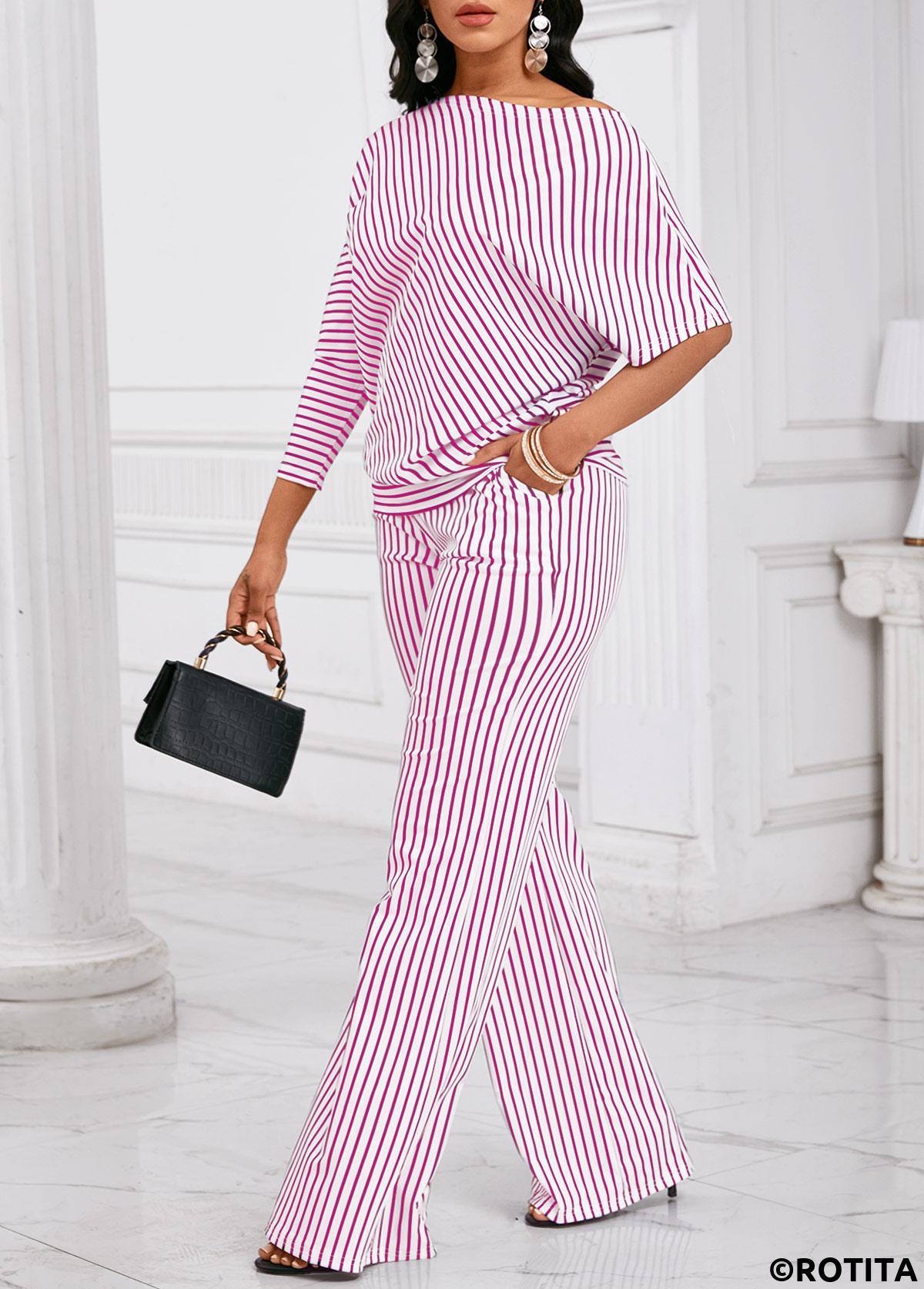 Dark Reddish Purple jumpsuits&rompers,Striped jumpsuits&rompers,Geometric jumpsuits&rompers,Asymmetry Striped Dark Reddish Purple Long Top  and Pants