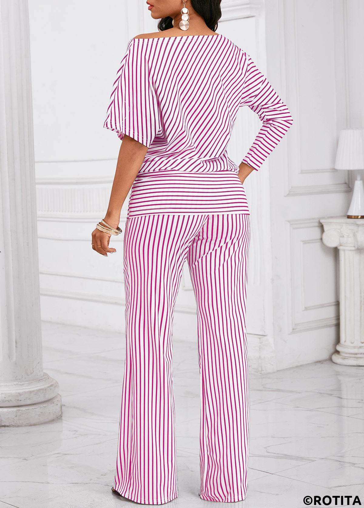 Dark Reddish Purple jumpsuits&rompers,Striped jumpsuits&rompers,Geometric jumpsuits&rompers,Asymmetry Striped Dark Reddish Purple Long Top  and Pants