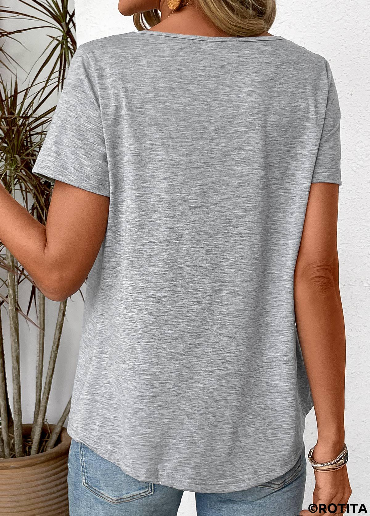 Grey tops,Plain Color tops,Patchwork Grey Round Neck Short Sleeve T Shirt