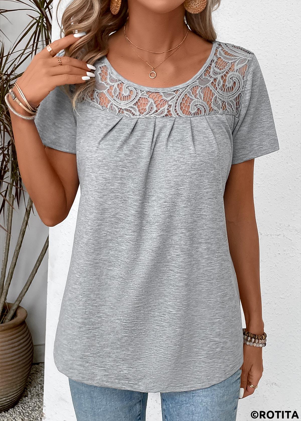 Grey tops,Plain Color tops,Patchwork Grey Round Neck Short Sleeve T Shirt