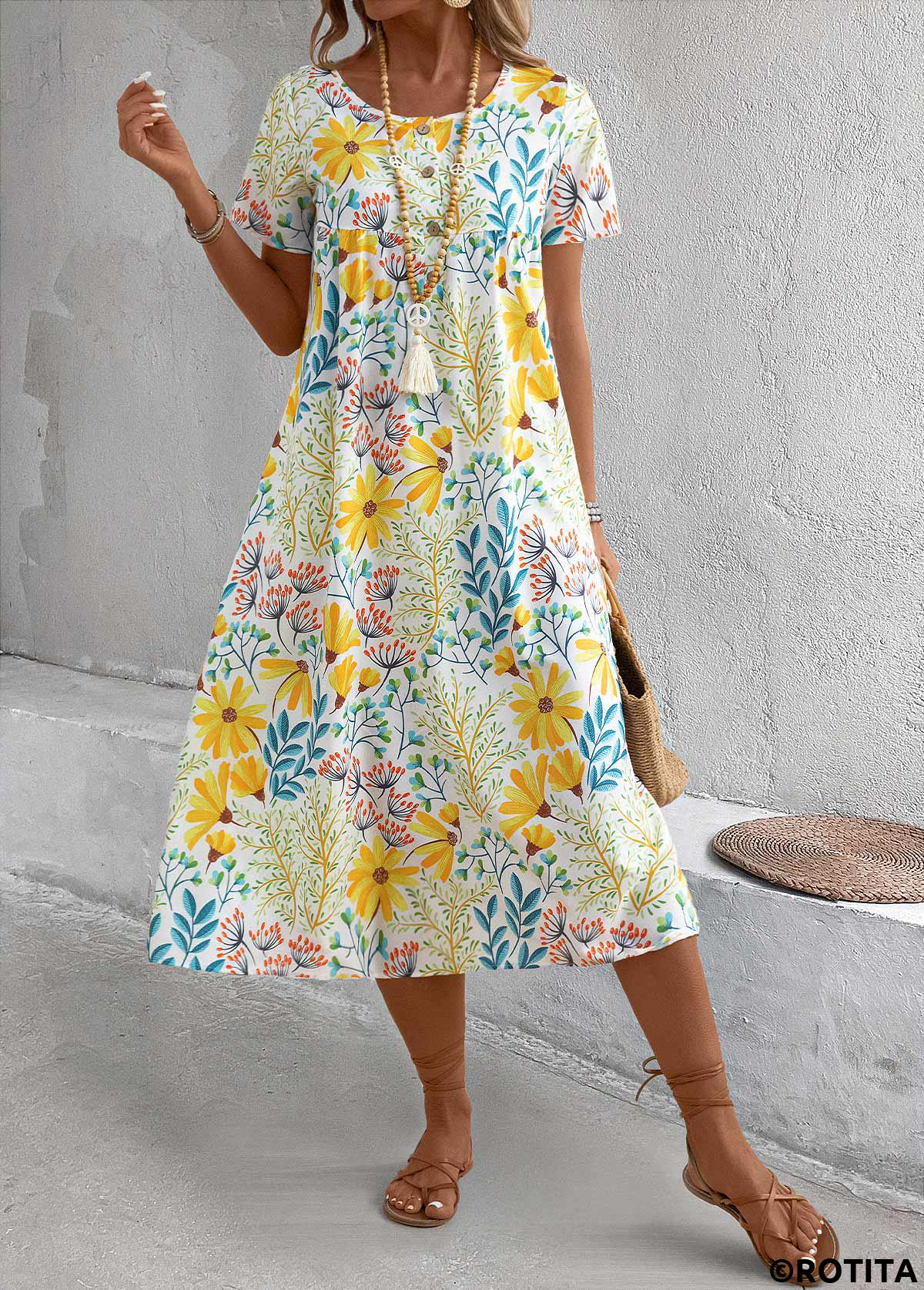 Yellow dresses,Floral dresses,Plants dresses,Vacation dresses,Vacation dresses,Pocket Floral Print Yellow A Line Round Neck Dress