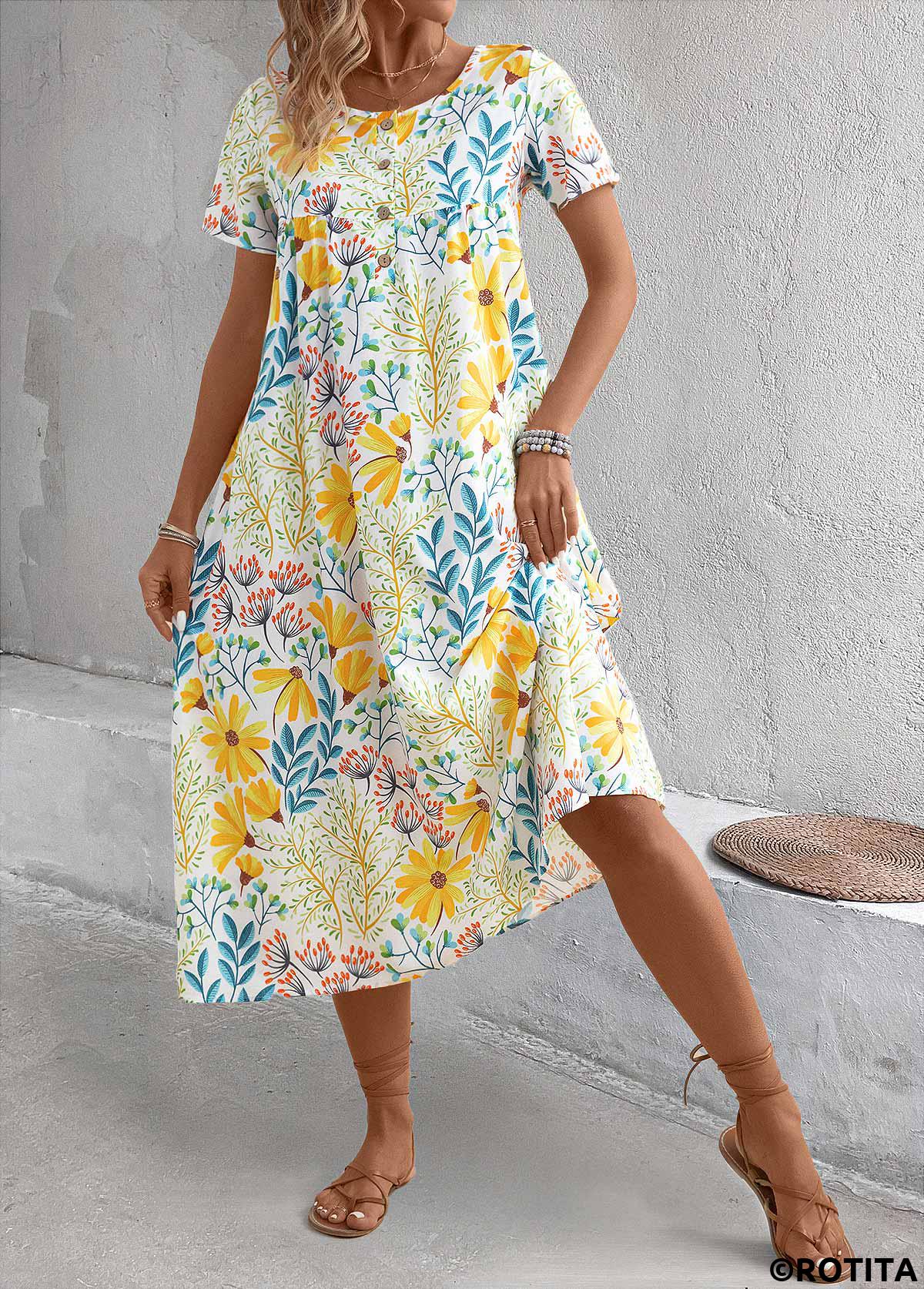 Yellow dresses,Floral dresses,Plants dresses,Vacation dresses,Vacation dresses,Pocket Floral Print Yellow A Line Round Neck Dress