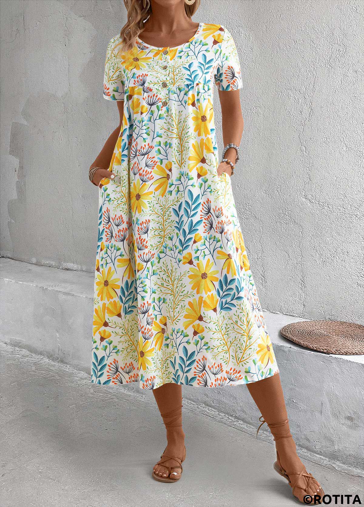 Yellow dresses,Floral dresses,Plants dresses,Vacation dresses,Vacation dresses,Pocket Floral Print Yellow A Line Round Neck Dress
