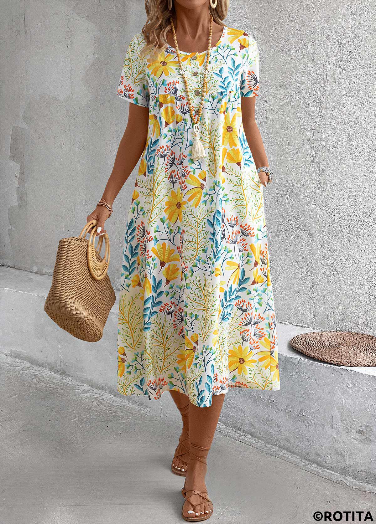 Yellow dresses,Floral dresses,Plants dresses,Vacation dresses,Vacation dresses,Pocket Floral Print Yellow A Line Round Neck Dress