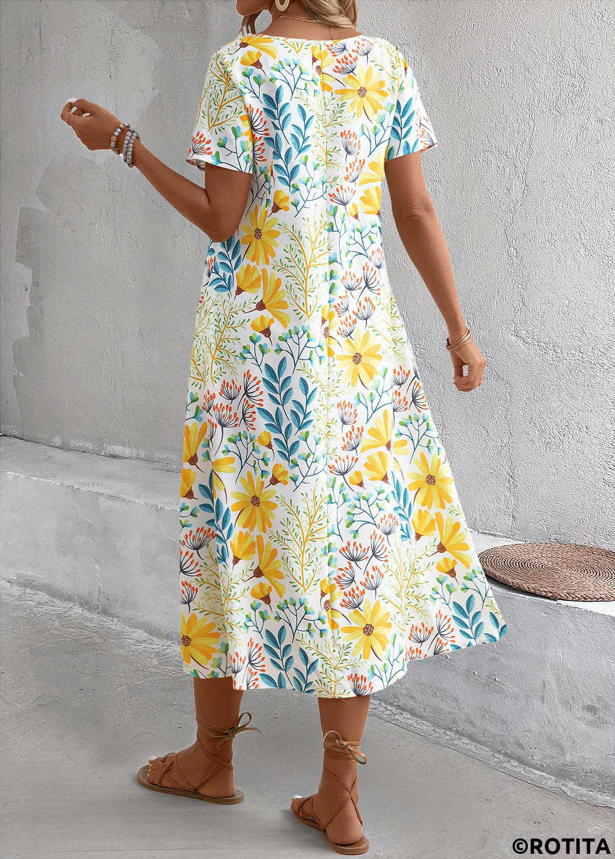 Yellow dresses,Floral dresses,Plants dresses,Vacation dresses,Vacation dresses,Pocket Floral Print Yellow A Line Round Neck Dress