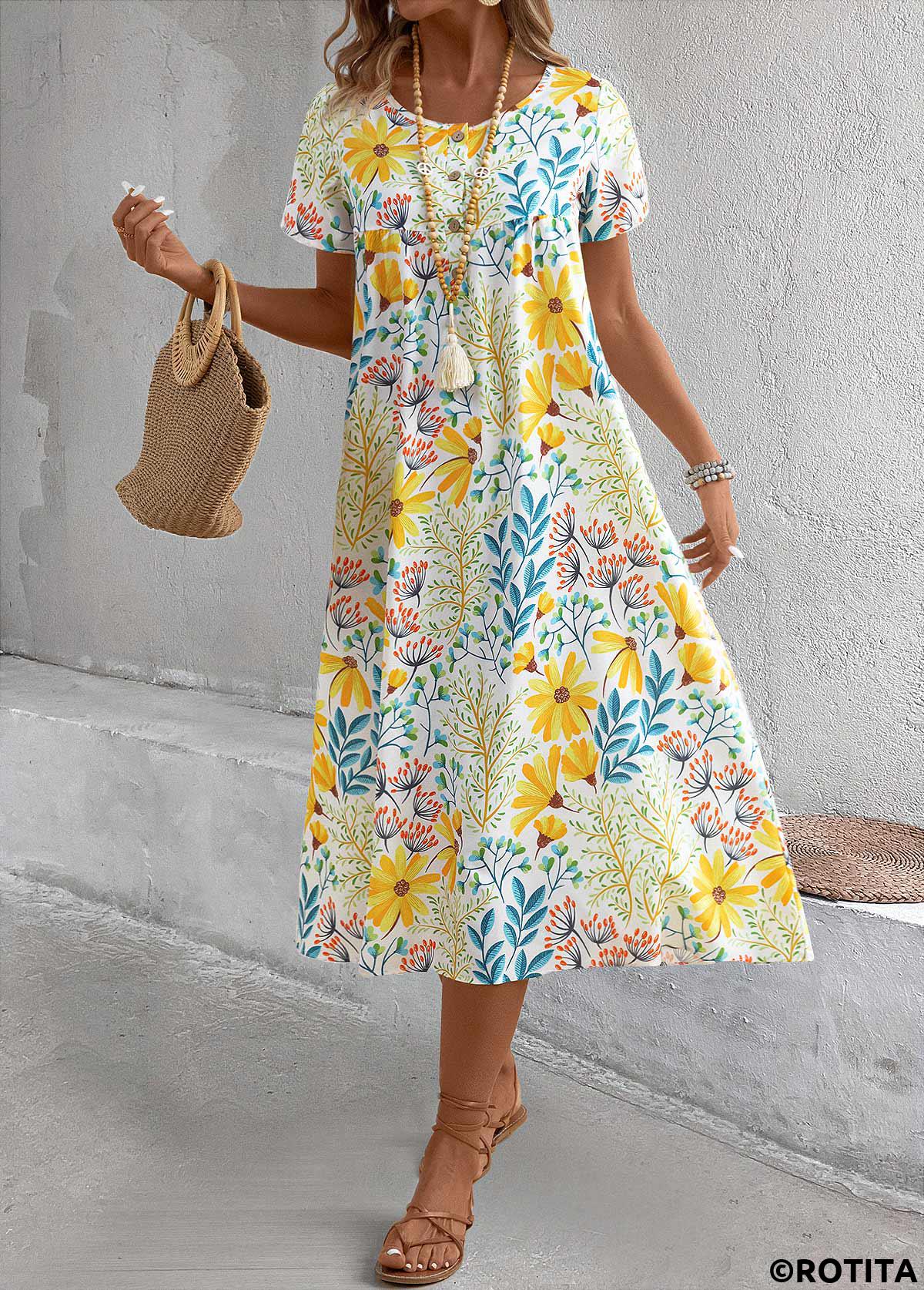 Yellow dresses,Floral dresses,Plants dresses,Vacation dresses,Vacation dresses,Pocket Floral Print Yellow A Line Round Neck Dress