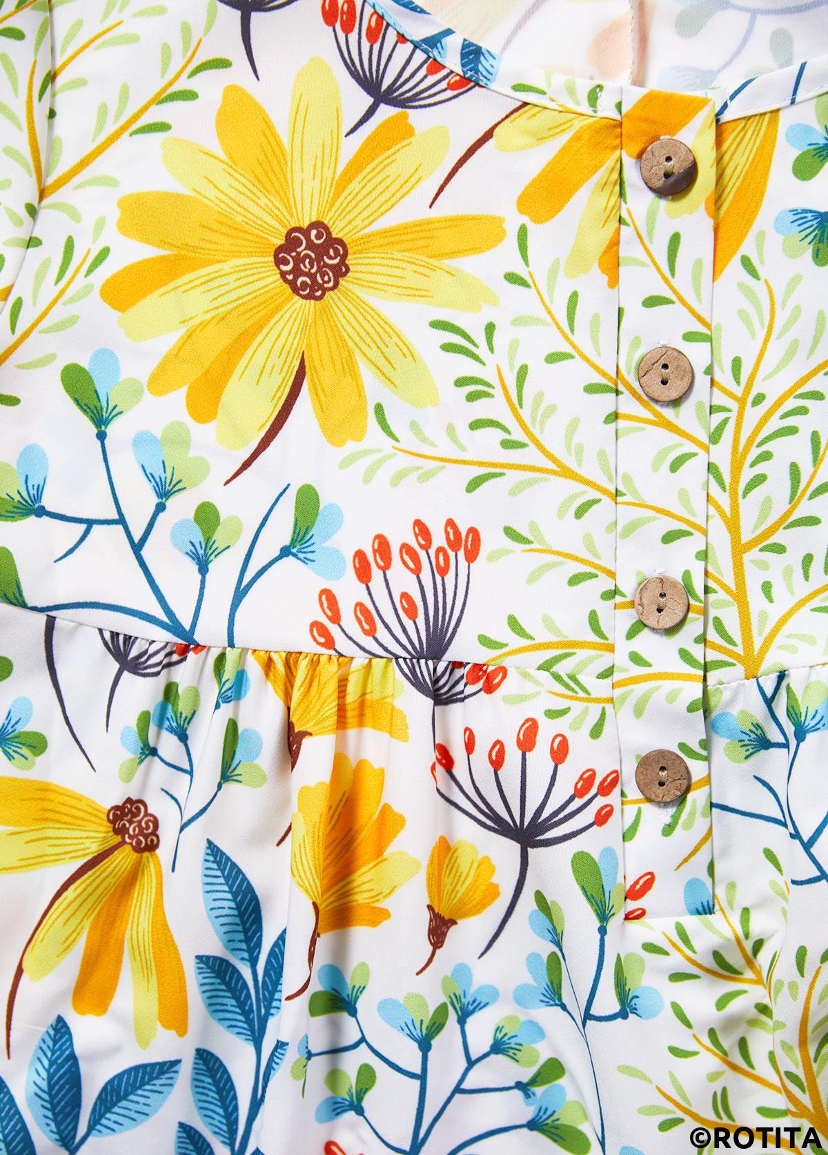 Yellow dresses,Floral dresses,Plants dresses,Vacation dresses,Vacation dresses,Pocket Floral Print Yellow A Line Round Neck Dress