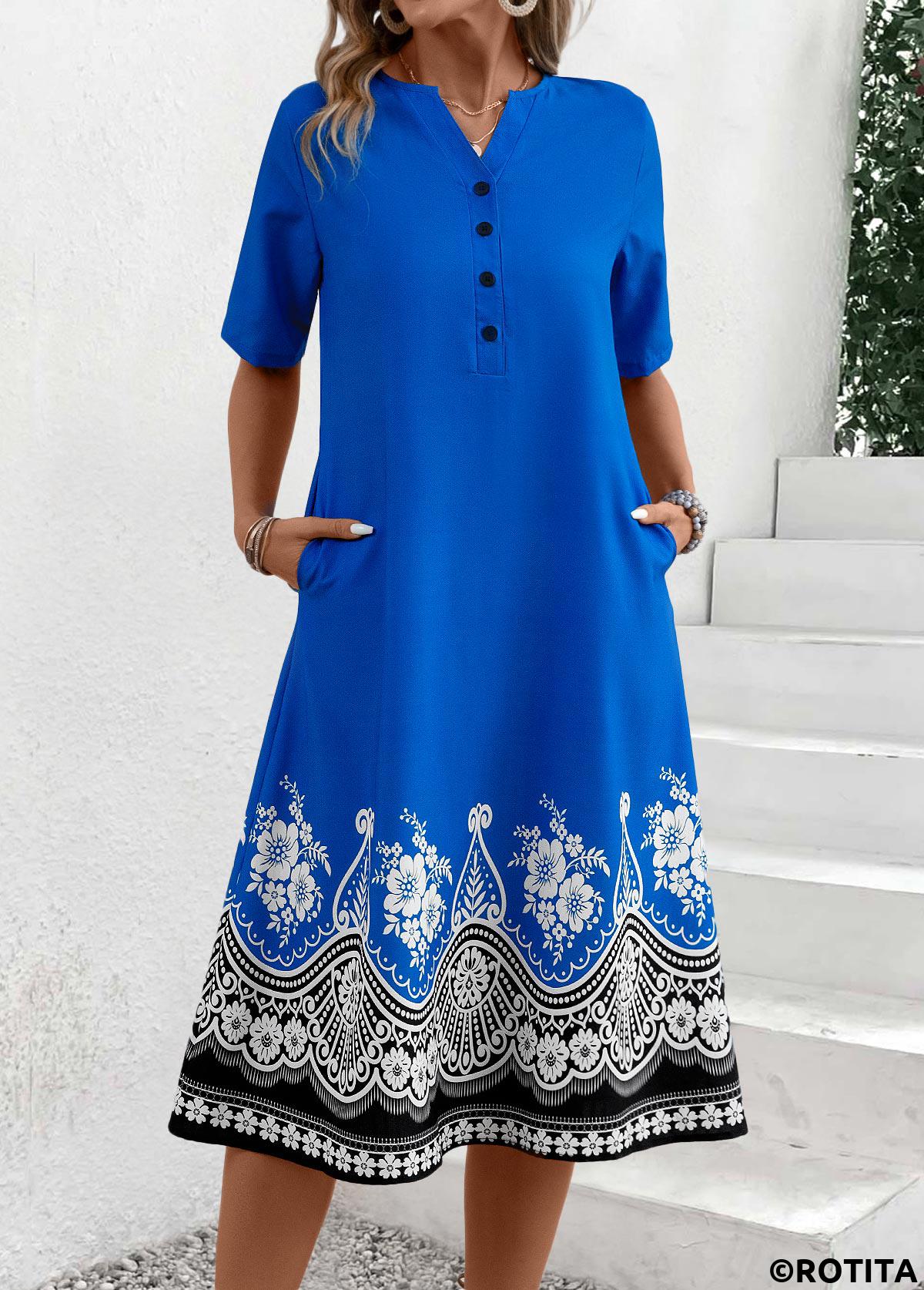Button Tribal Print Blue A Line Split Neck Dress