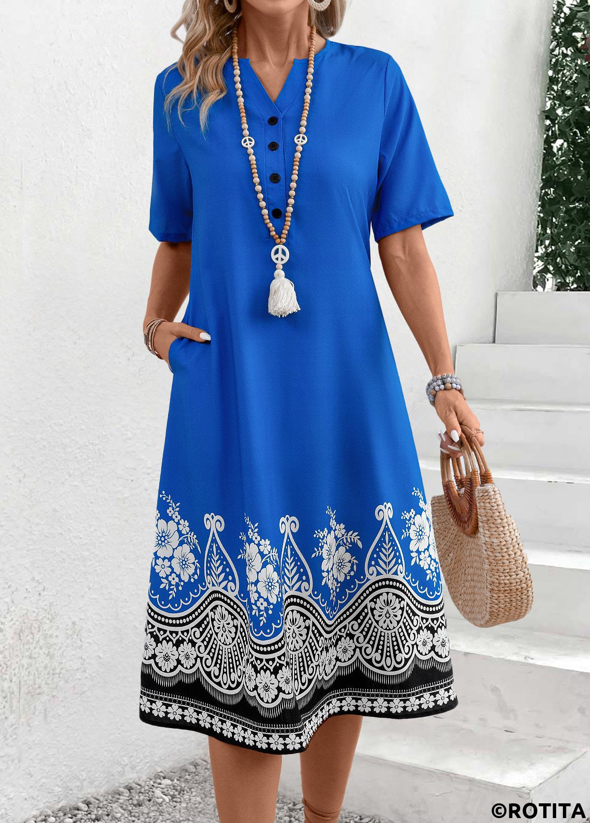 Button Tribal Print Blue A Line Split Neck Dress