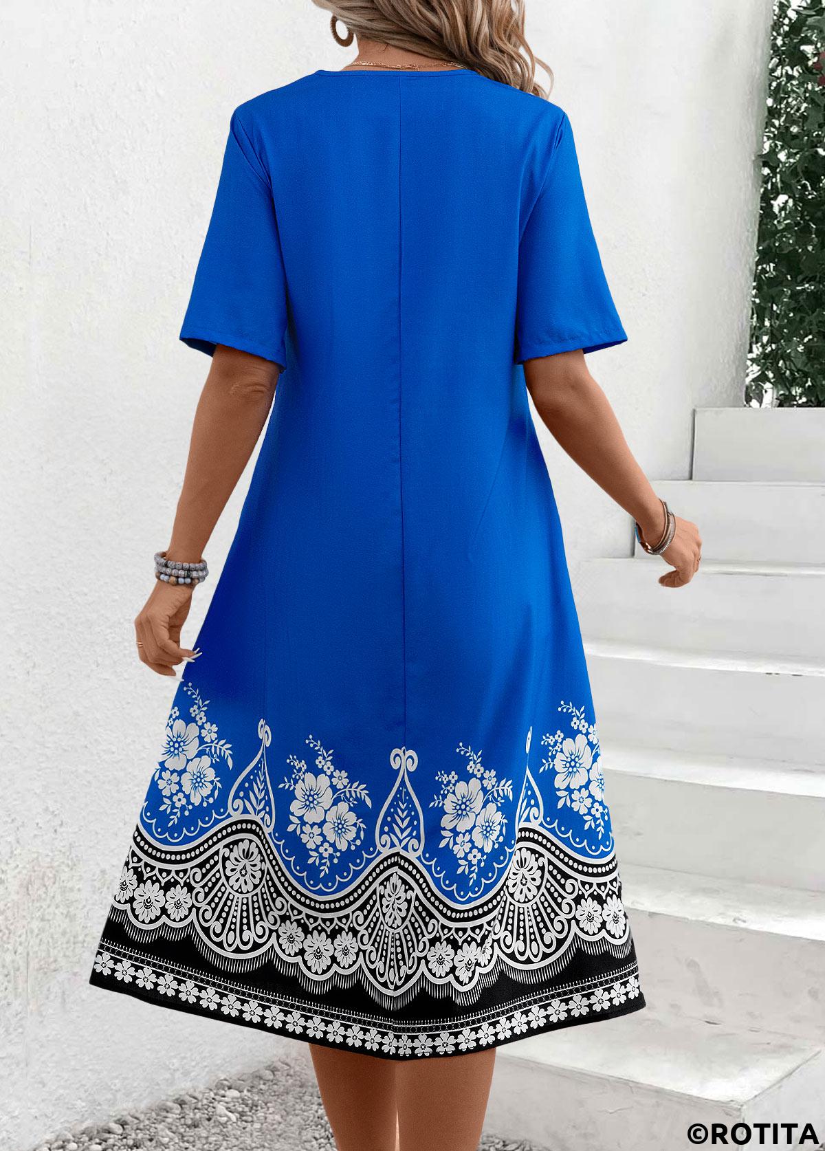 Button Tribal Print Blue A Line Split Neck Dress