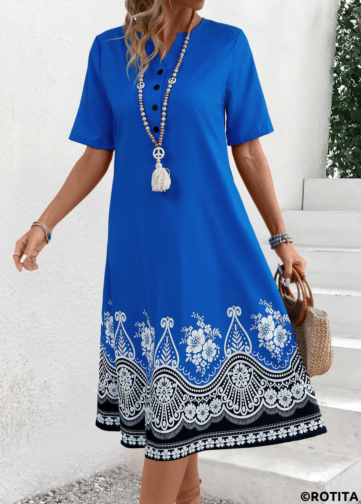 Button Tribal Print Blue A Line Split Neck Dress