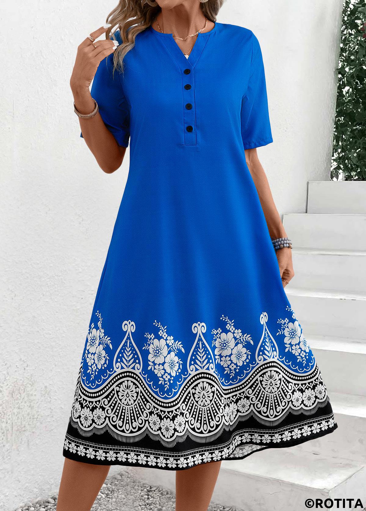 Button Tribal Print Blue A Line Split Neck Dress