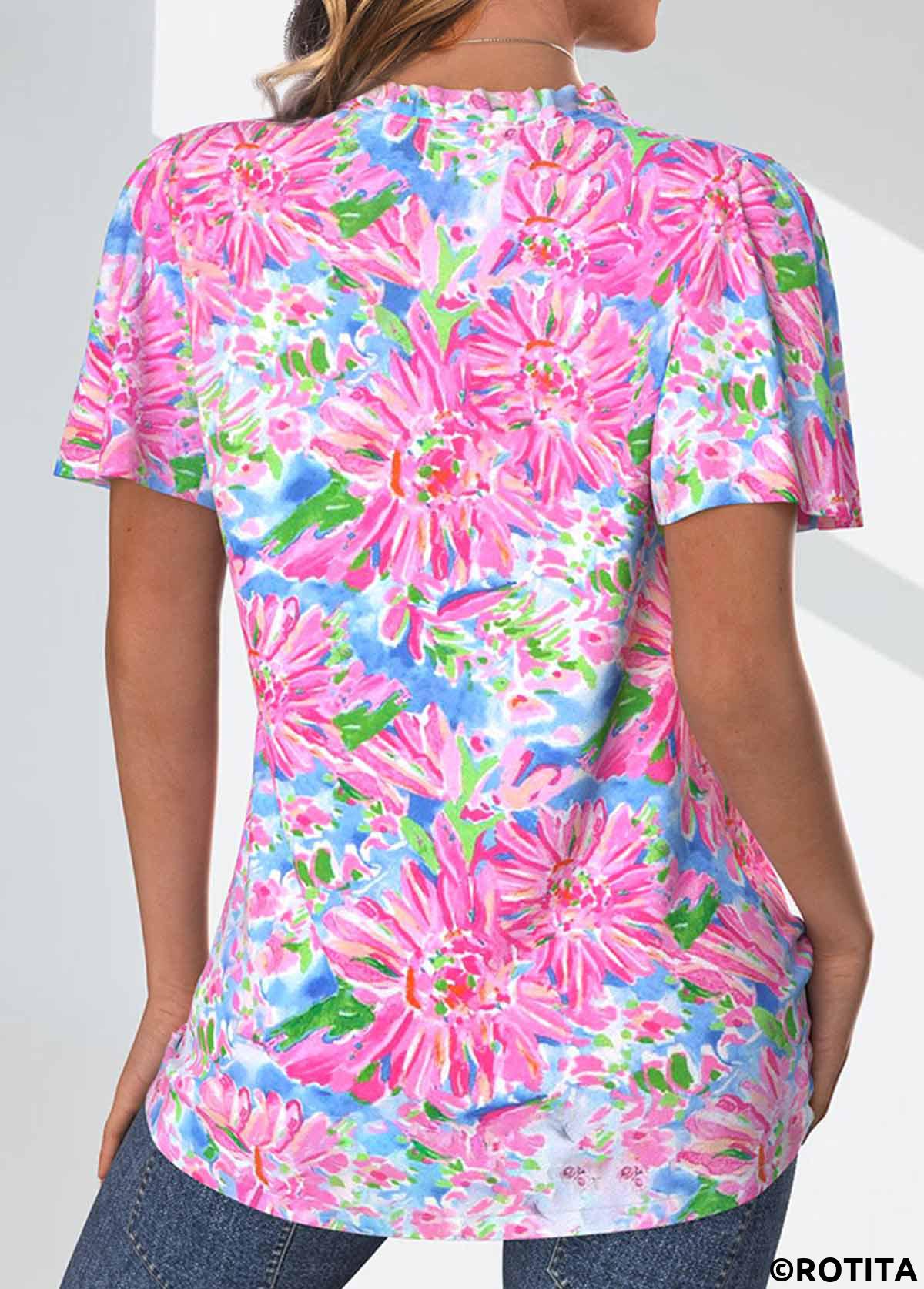 Neon Pink tops,Floral tops,Plants tops,ROTITA Frill Floral Print Neon Pink V Neck Blouse