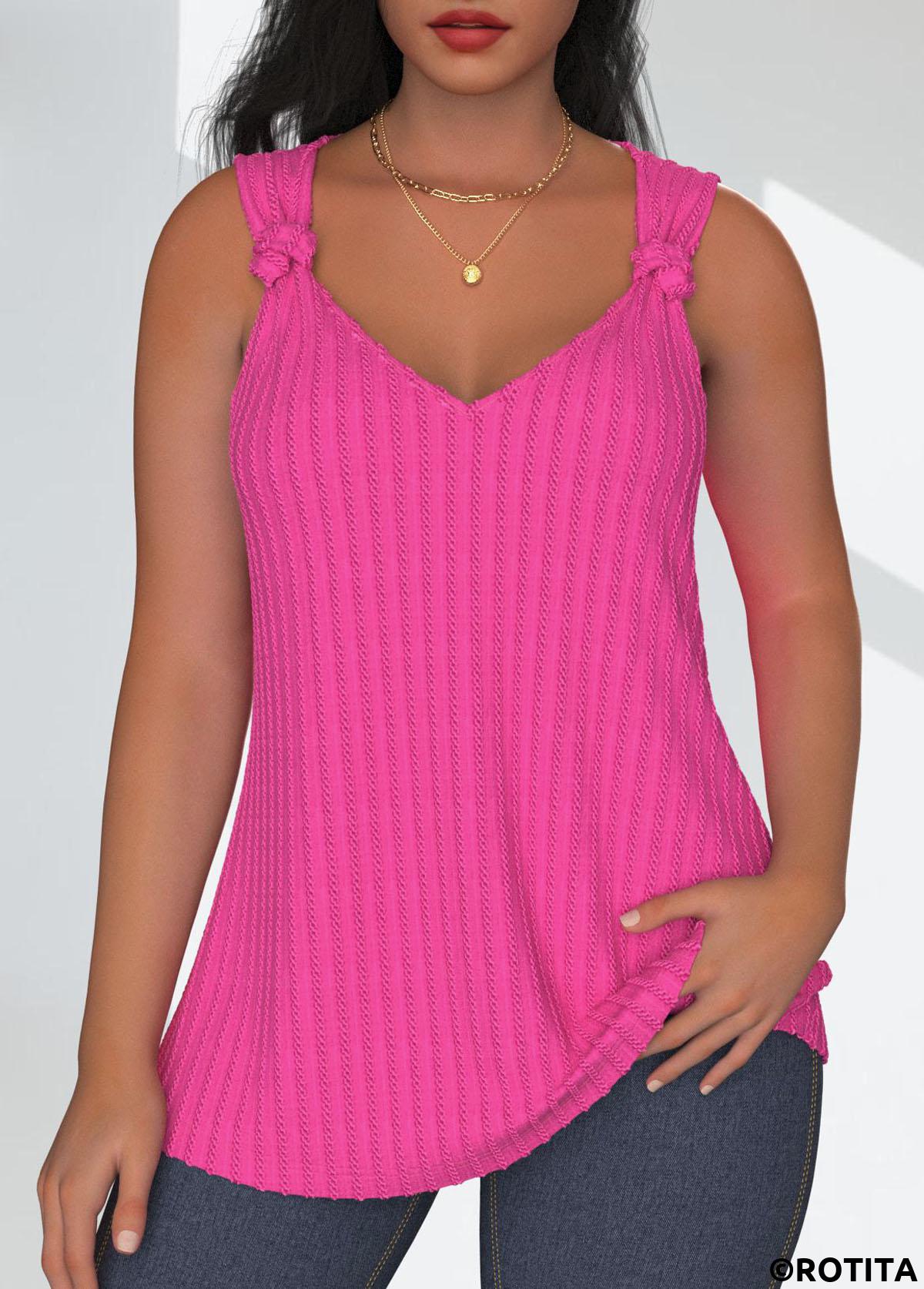 Hot Pink tops,Plain Color tops,ROTITA Twist Hot Pink V Neck Sleeveless Tank Top