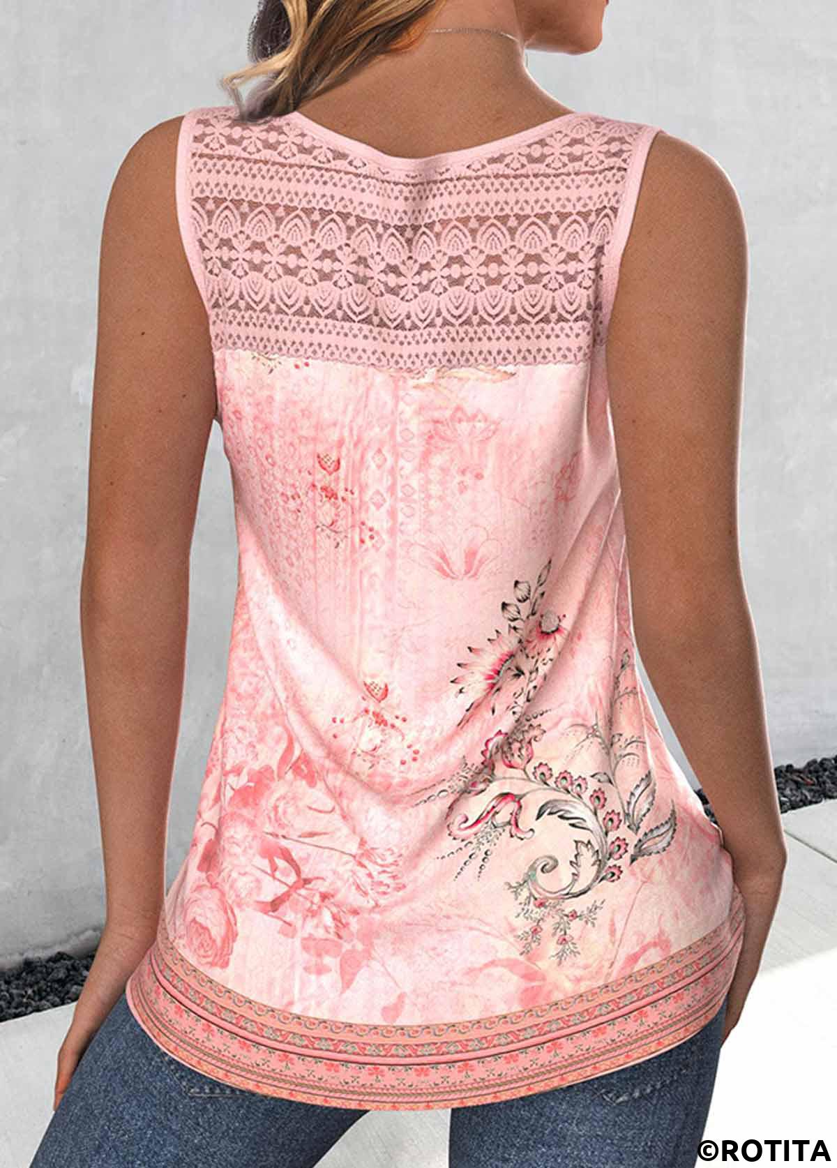 ROTITA Lace Tribal Print Light Pink High Neck Tank Top