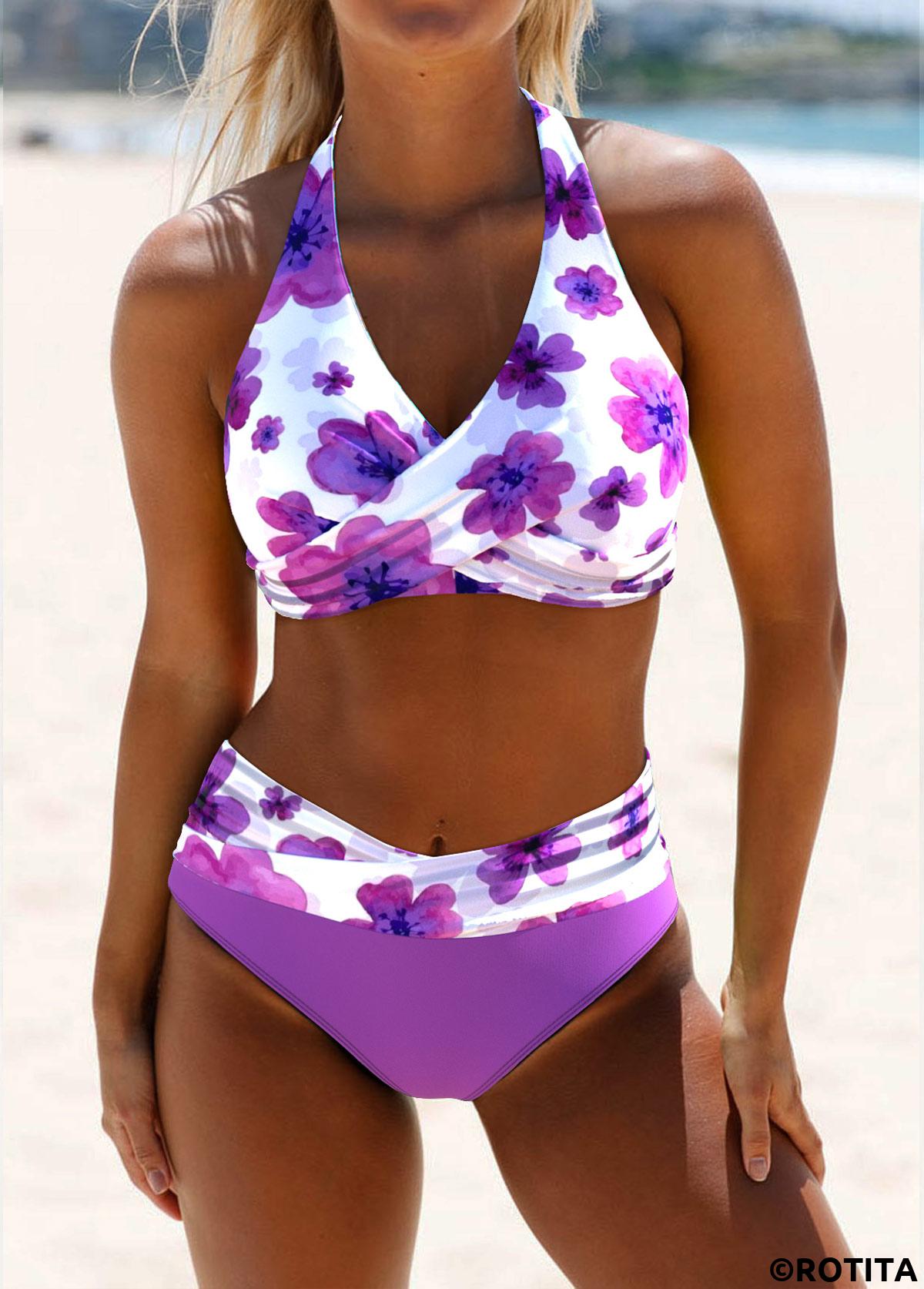 Purple swimwear,White swimwear,Floral swimwear,Plants swimwear,ROTITA Criss Cross Purple Floral Print Bikini Set