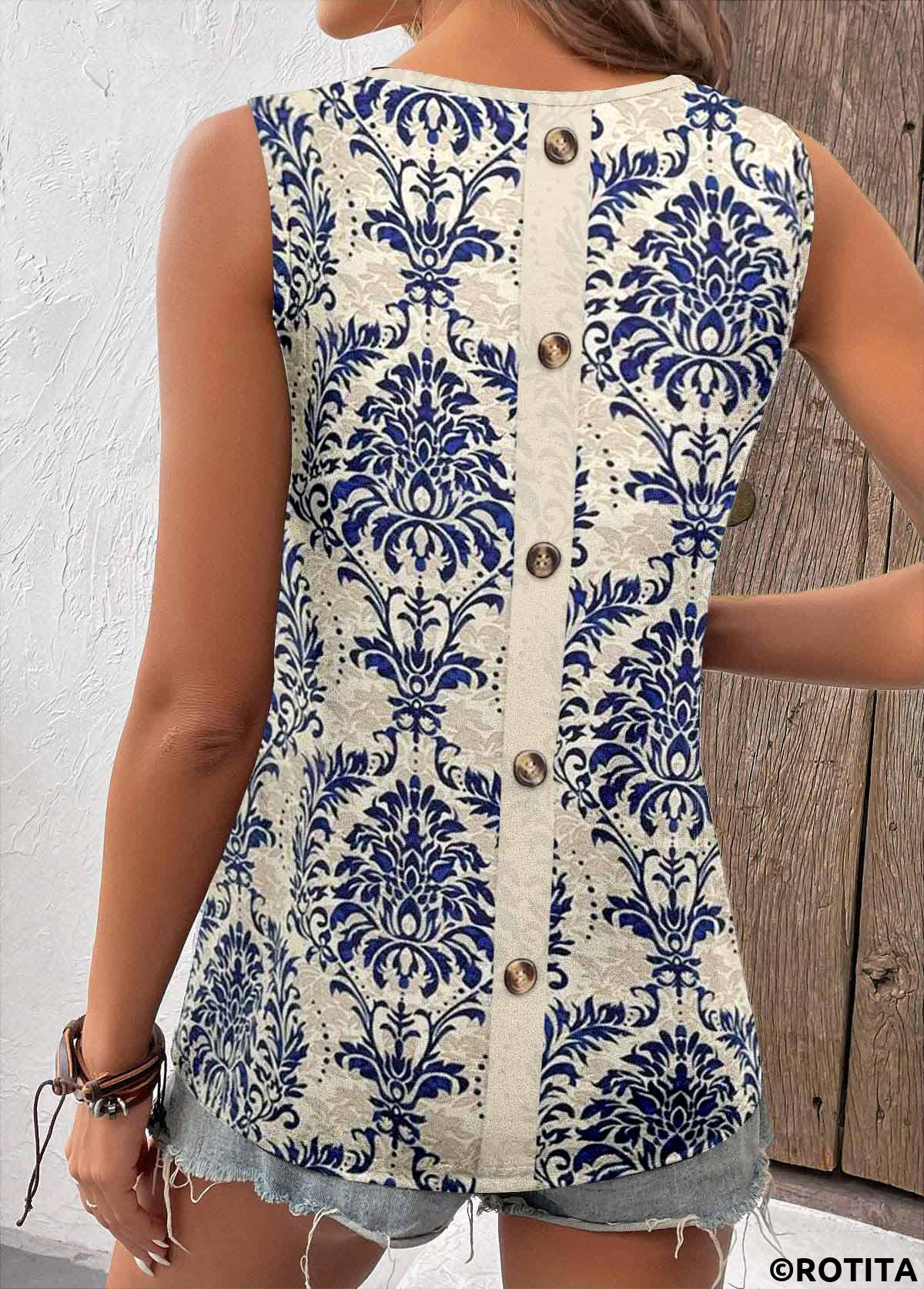 Navy tops,Tribal tops,ROTITA Button Tribal Print Navy Square Neck Sleeveless Tank Top