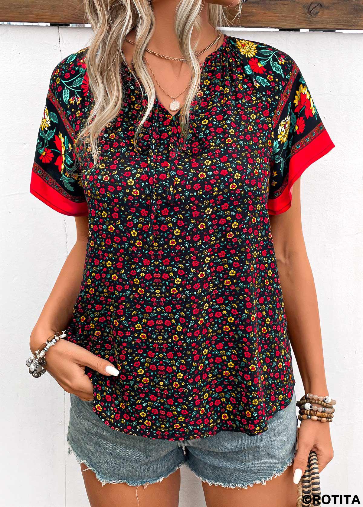 Patchwork Ditsy Floral Print Black V Neck Blouse