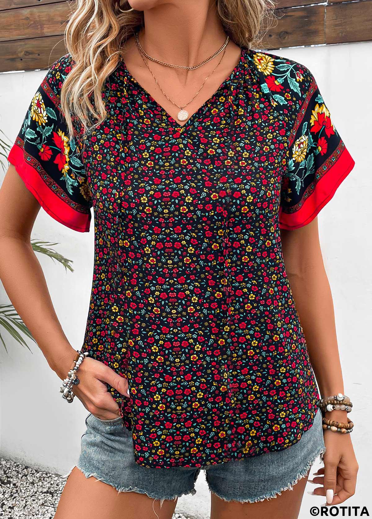 Patchwork Ditsy Floral Print Black V Neck Blouse