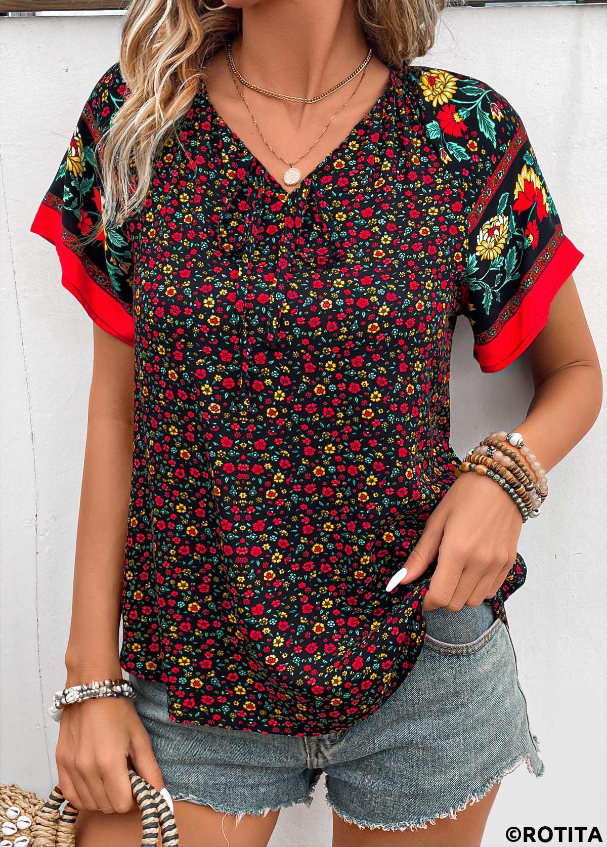 Patchwork Ditsy Floral Print Black V Neck Blouse