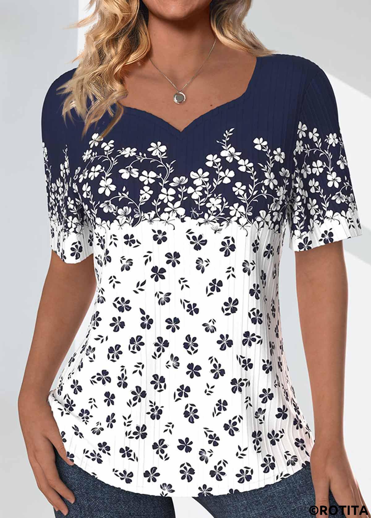 ROTITA Textured Fabric Ditsy Floral Print Navy T Shirt