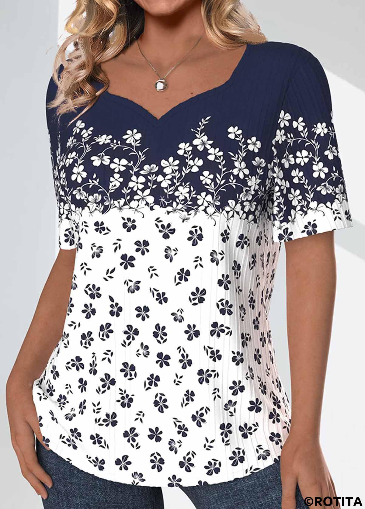 ROTITA Textured Fabric Ditsy Floral Print Navy T Shirt
