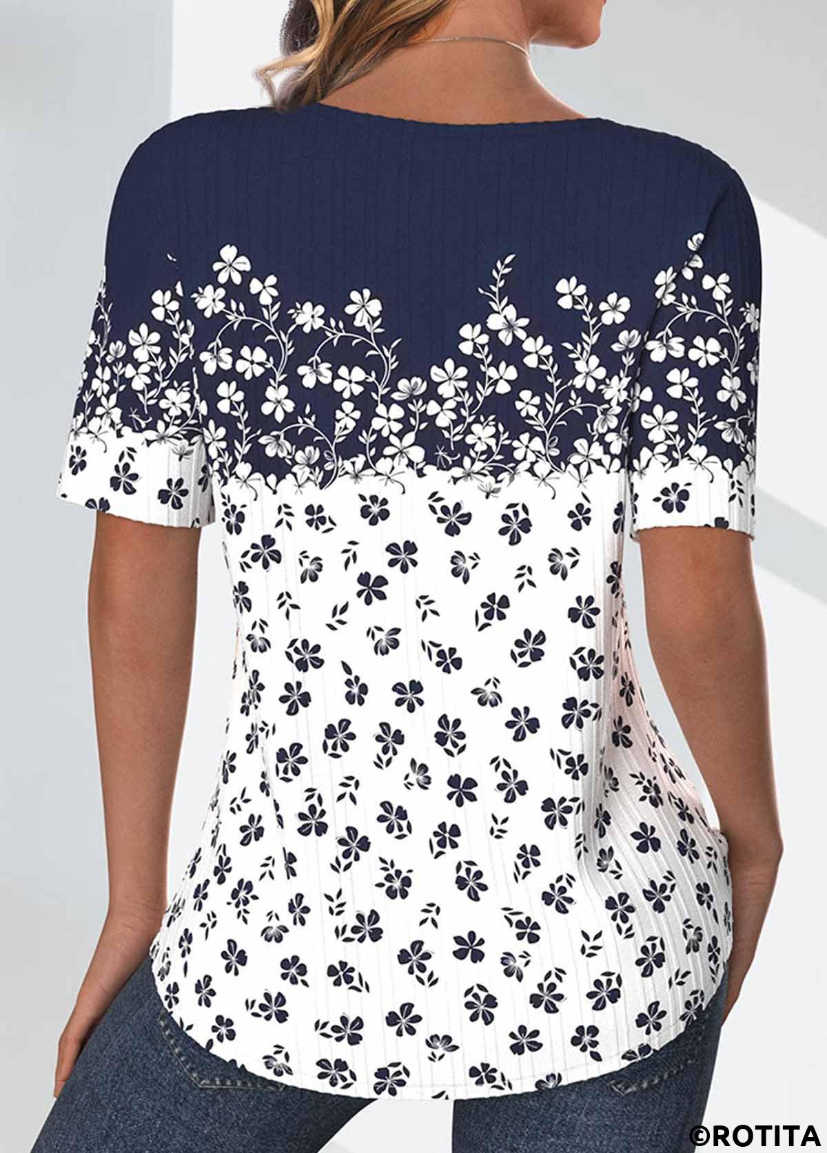 ROTITA Textured Fabric Ditsy Floral Print Navy T Shirt