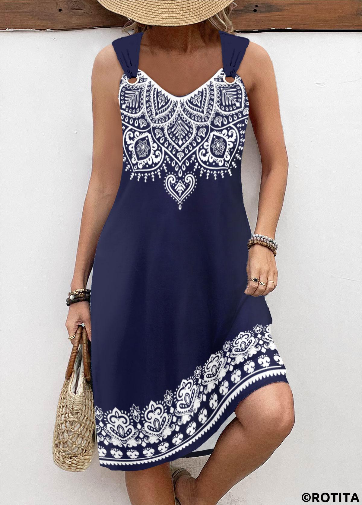 Navy dresses,Tribal dresses,Dot dresses,Everyday dresses,Casual dresses,ROTITA Breathable Tribal Print Navy A Line V Neck Dress