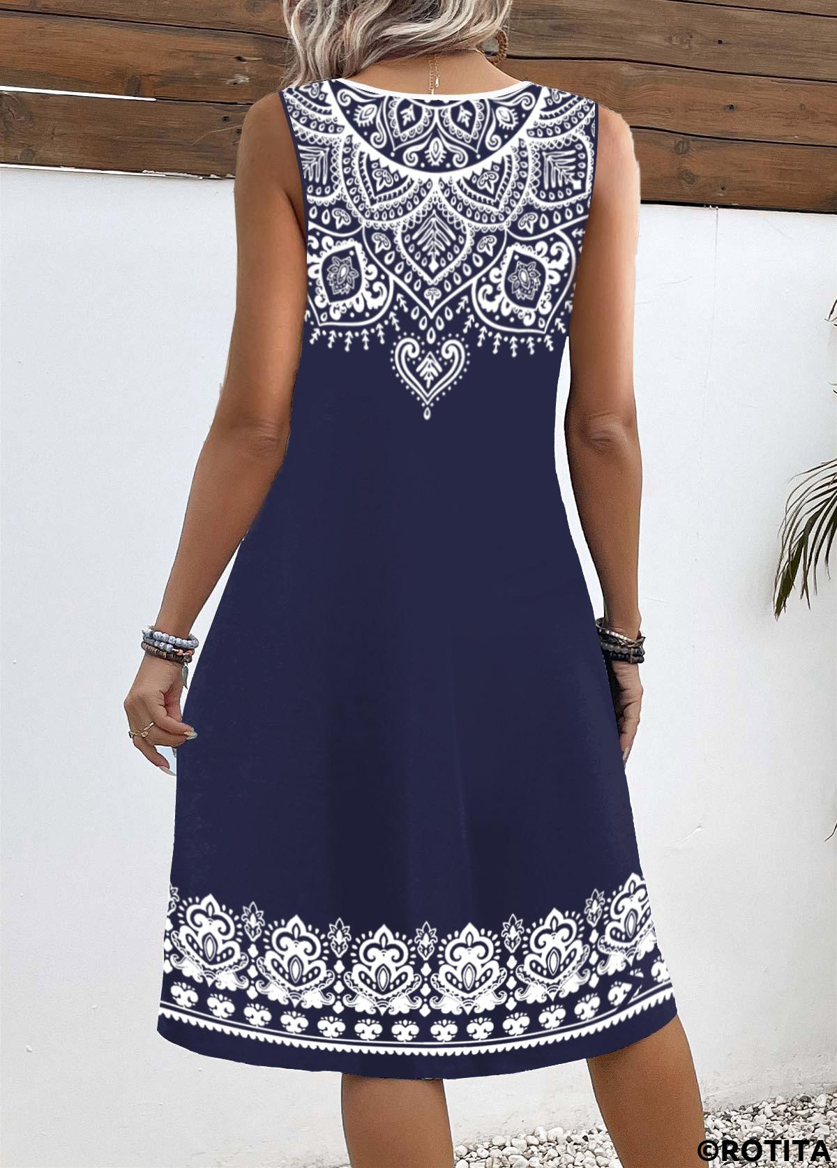Navy dresses,Tribal dresses,Dot dresses,Everyday dresses,Casual dresses,ROTITA Breathable Tribal Print Navy A Line V Neck Dress