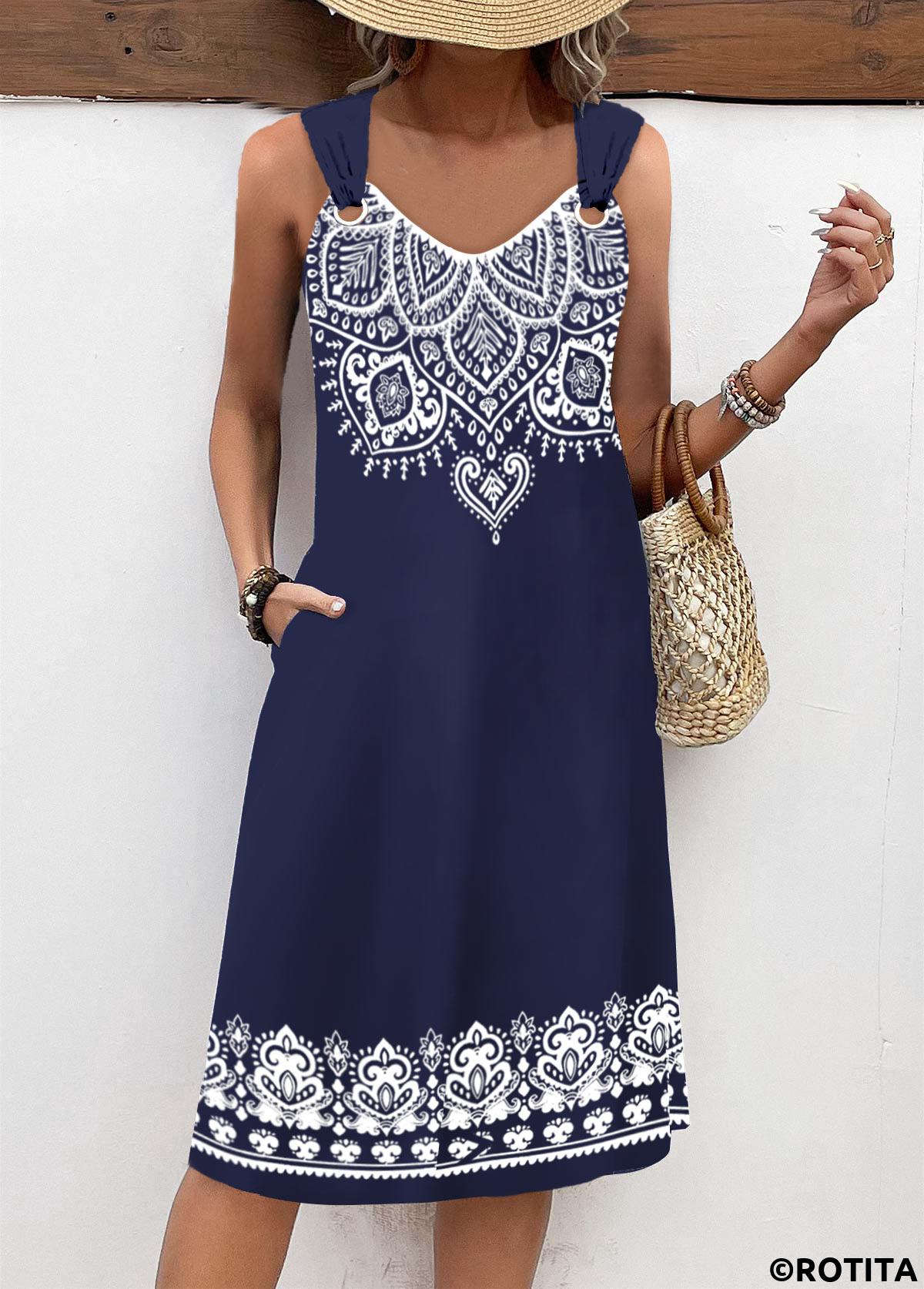 Navy dresses,Tribal dresses,Dot dresses,Everyday dresses,Casual dresses,ROTITA Breathable Tribal Print Navy A Line V Neck Dress