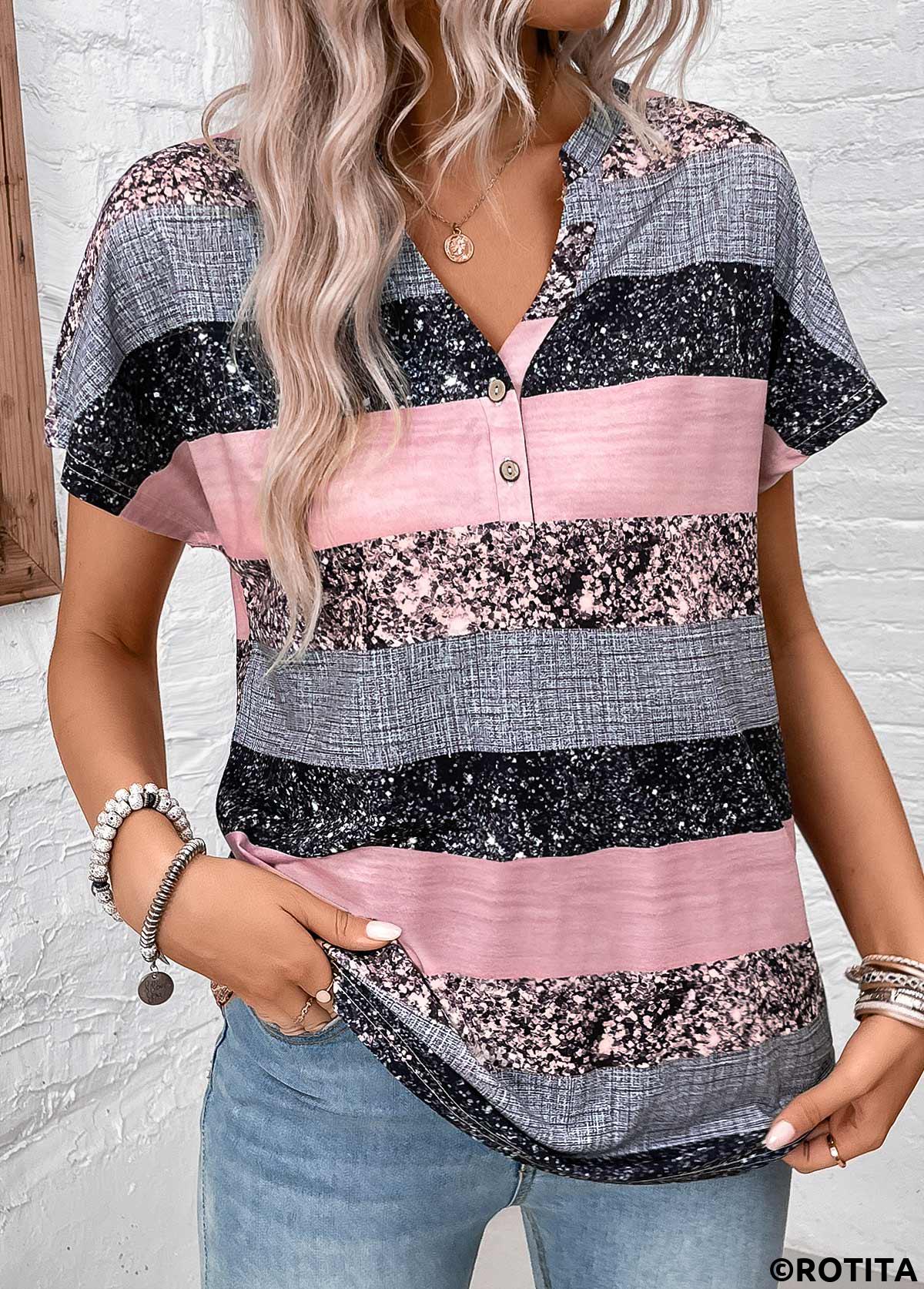 Grey plus size,Dusty Pink plus size,Striped plus size,Geometric plus size,ROTITA Split Striped Grey Short Sleeve Blouse