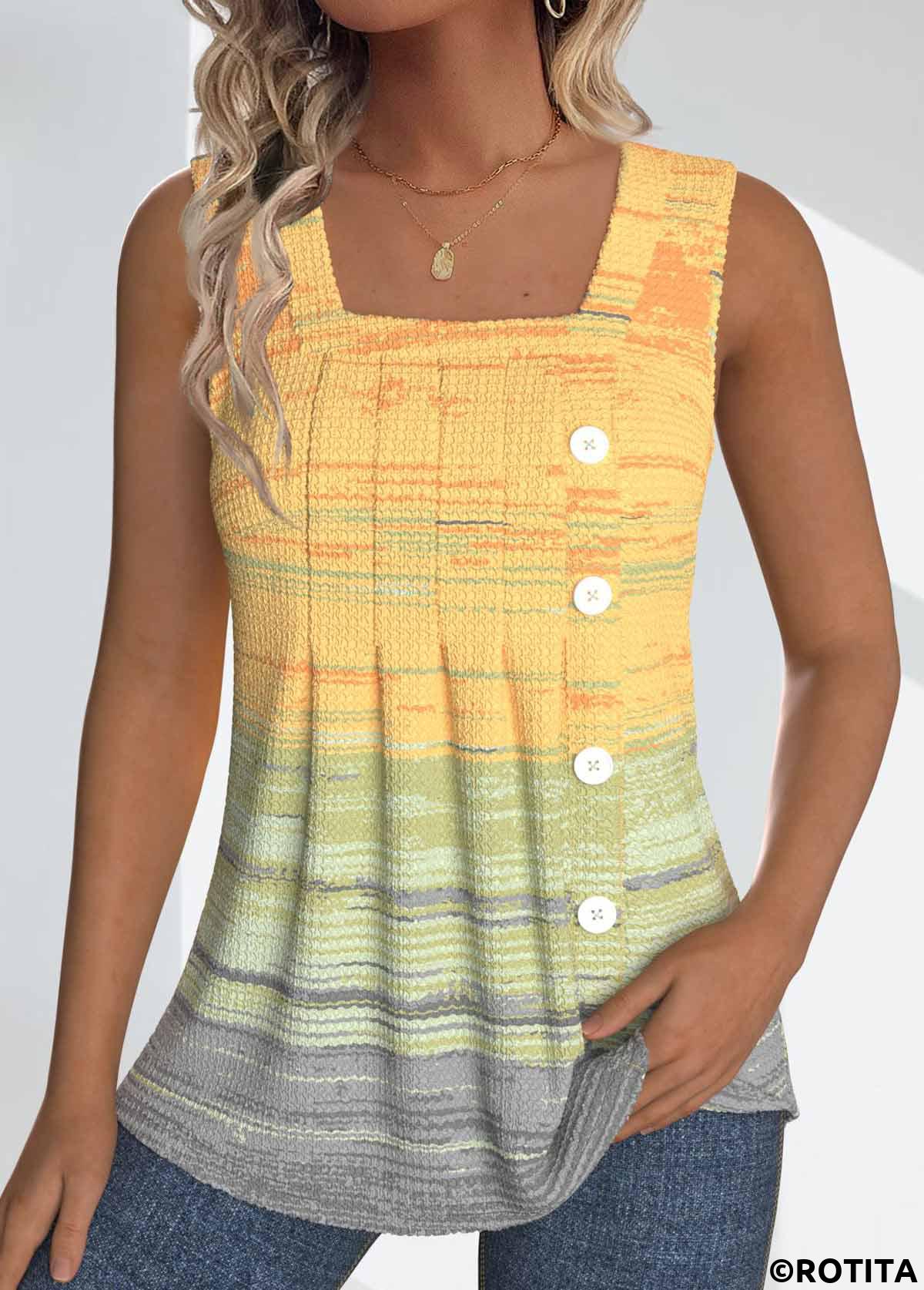 Light Yellow plus size,Ombre plus size,ROTITA Plus Size Button Light Yellow Ombre Sleeveless Tank Top