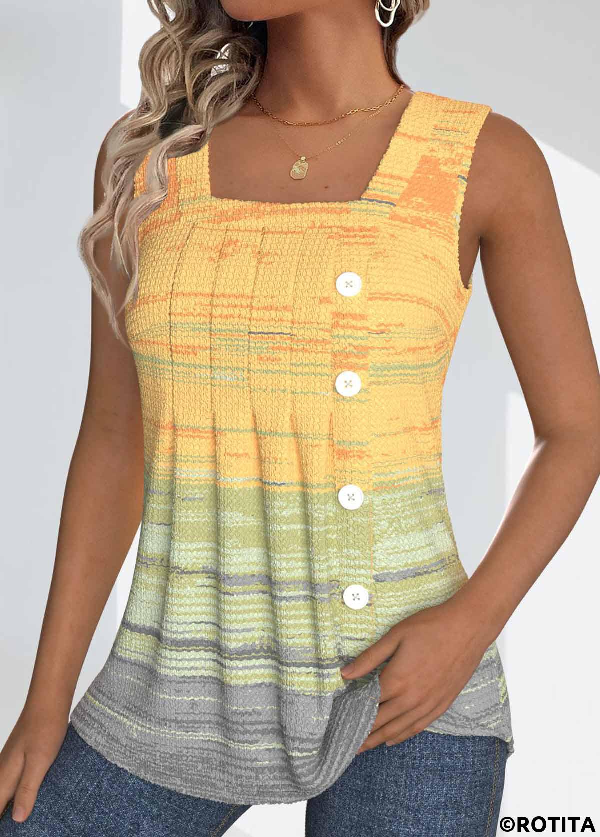 Light Yellow plus size,Ombre plus size,ROTITA Plus Size Button Light Yellow Ombre Sleeveless Tank Top