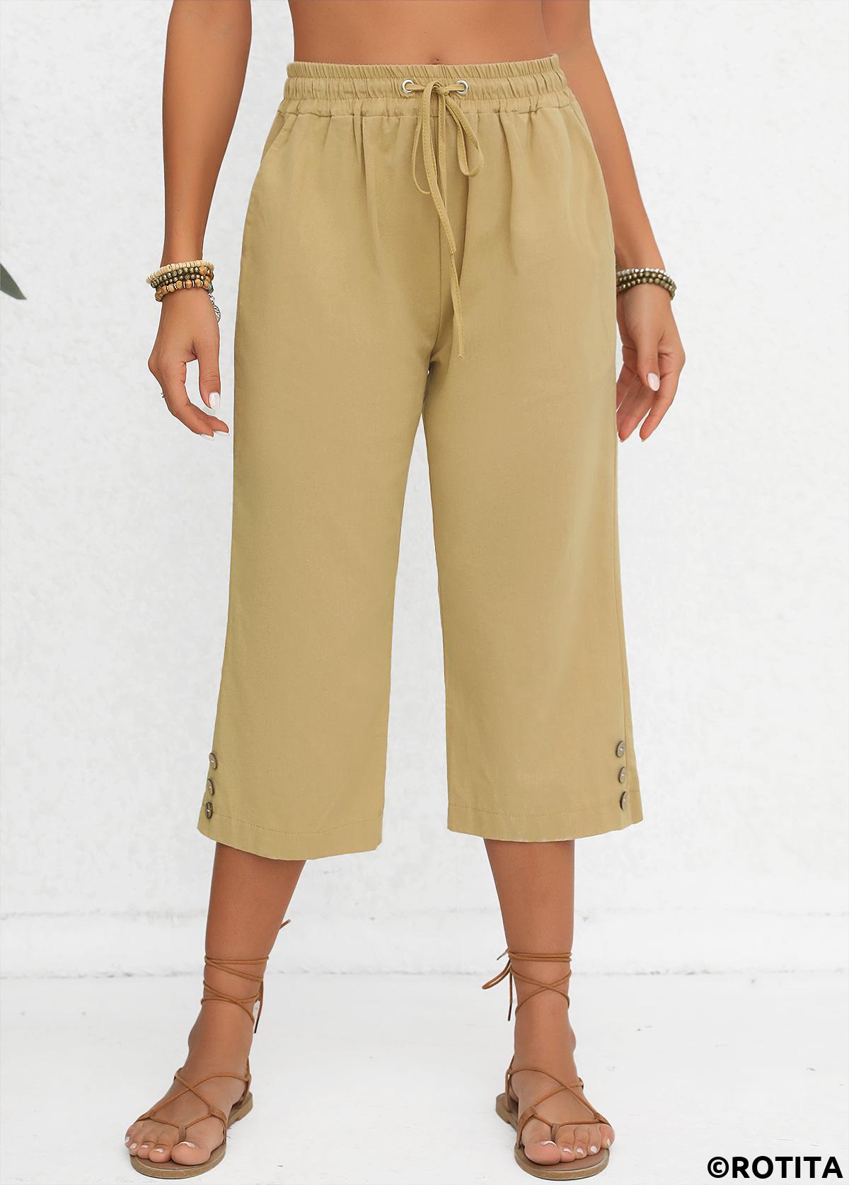Light Camel bottoms,Plain Color bottoms,Pocket Light Camel Elastic Waist High Waisted Pants