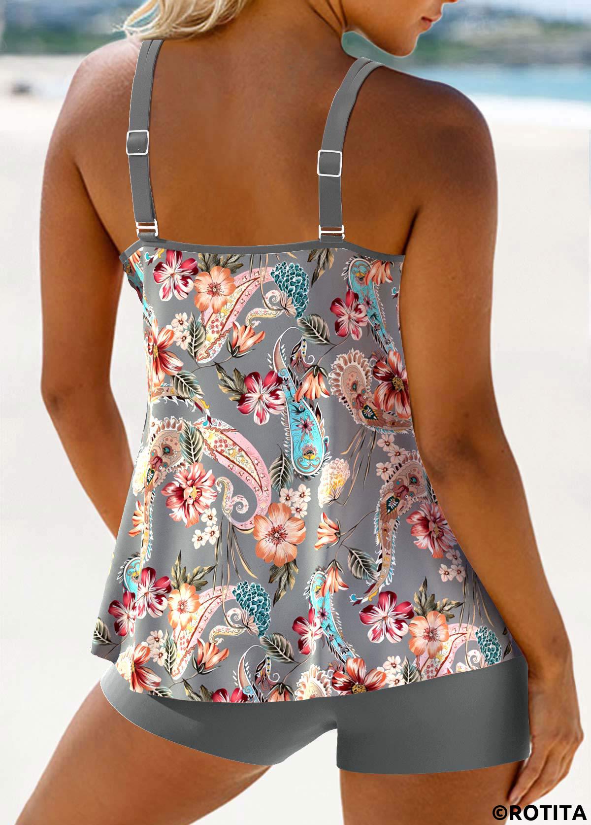 Grey swimwear,Paisley swimwear,ROTITA Patchwork Grey Paisley Print Tankini Set