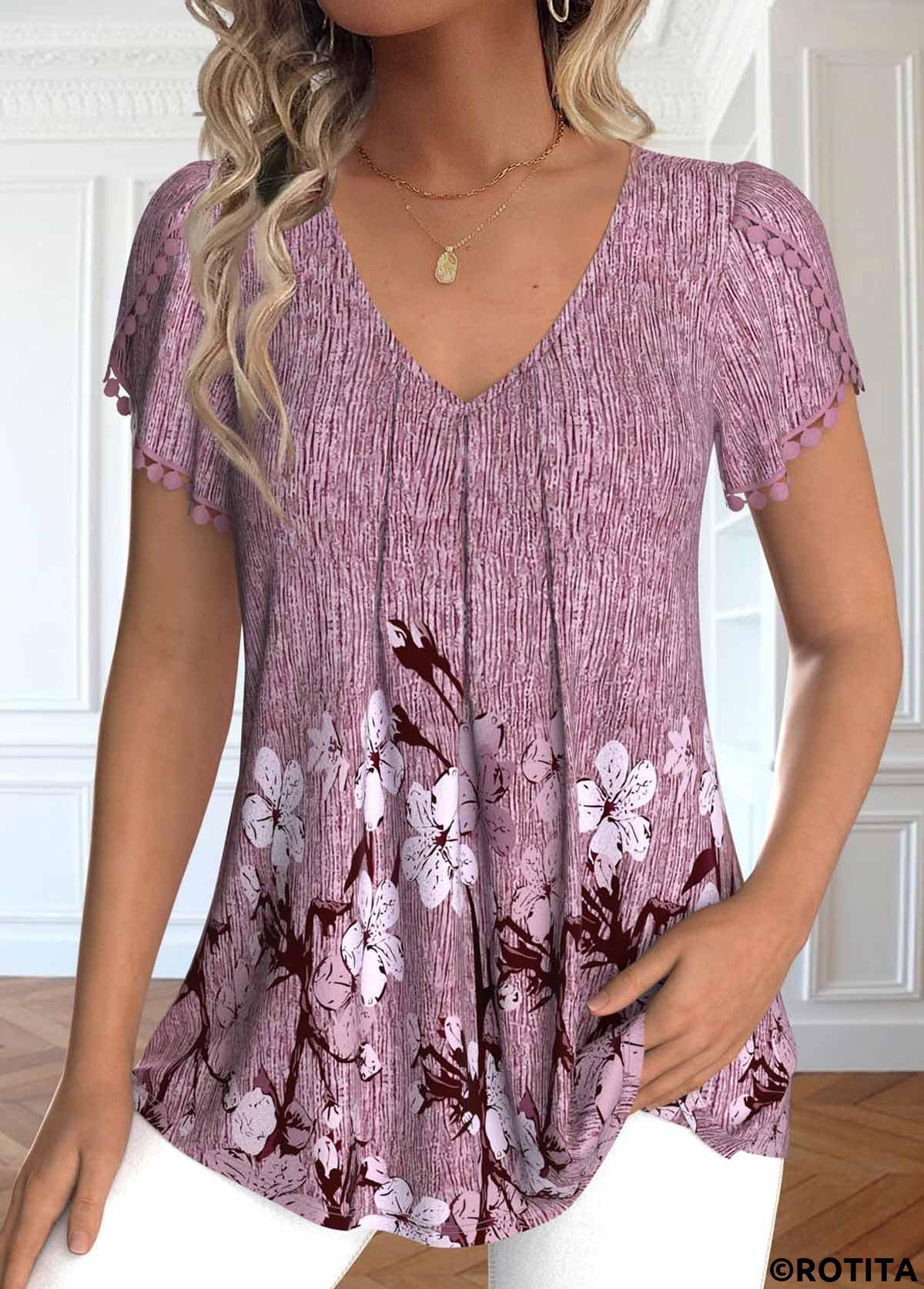 Dark Reddish Purple tops,Floral tops,Plants tops,ROTITA Embroidery Floral Print Dark Reddish Purple T Shirt