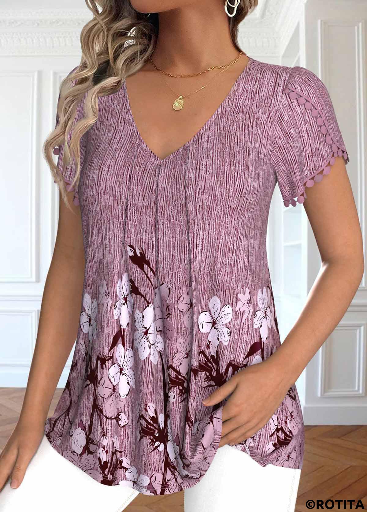 Dark Reddish Purple tops,Floral tops,Plants tops,ROTITA Embroidery Floral Print Dark Reddish Purple T Shirt