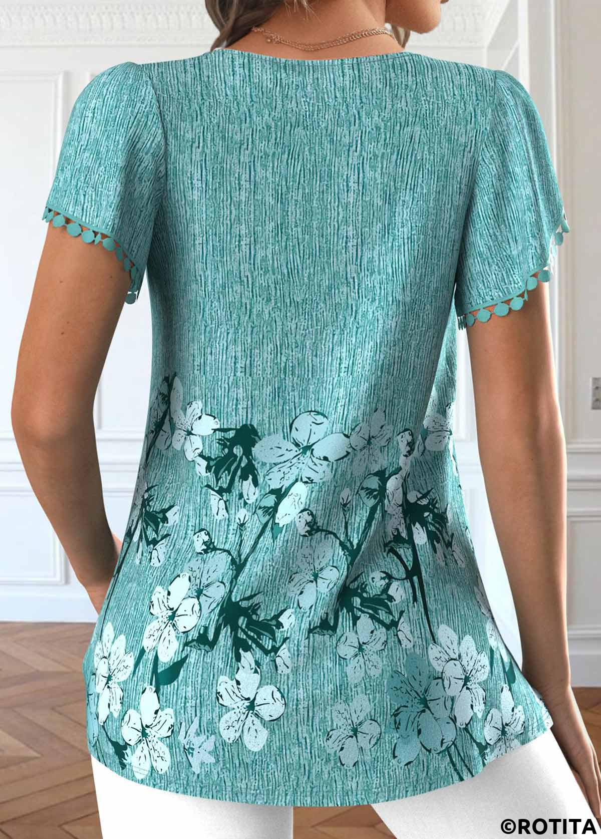 Mint Green tops,Floral tops,Plants tops,ROTITA Embroidery Floral Print Mint Green V Neck T Shirt