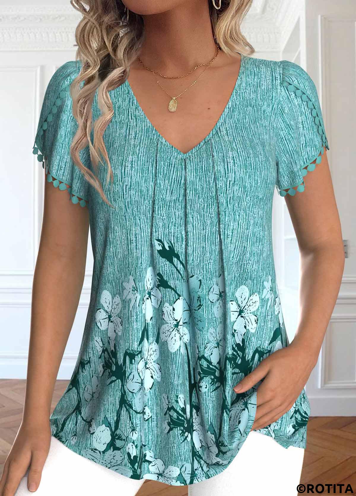 Mint Green tops,Floral tops,Plants tops,ROTITA Embroidery Floral Print Mint Green V Neck T Shirt
