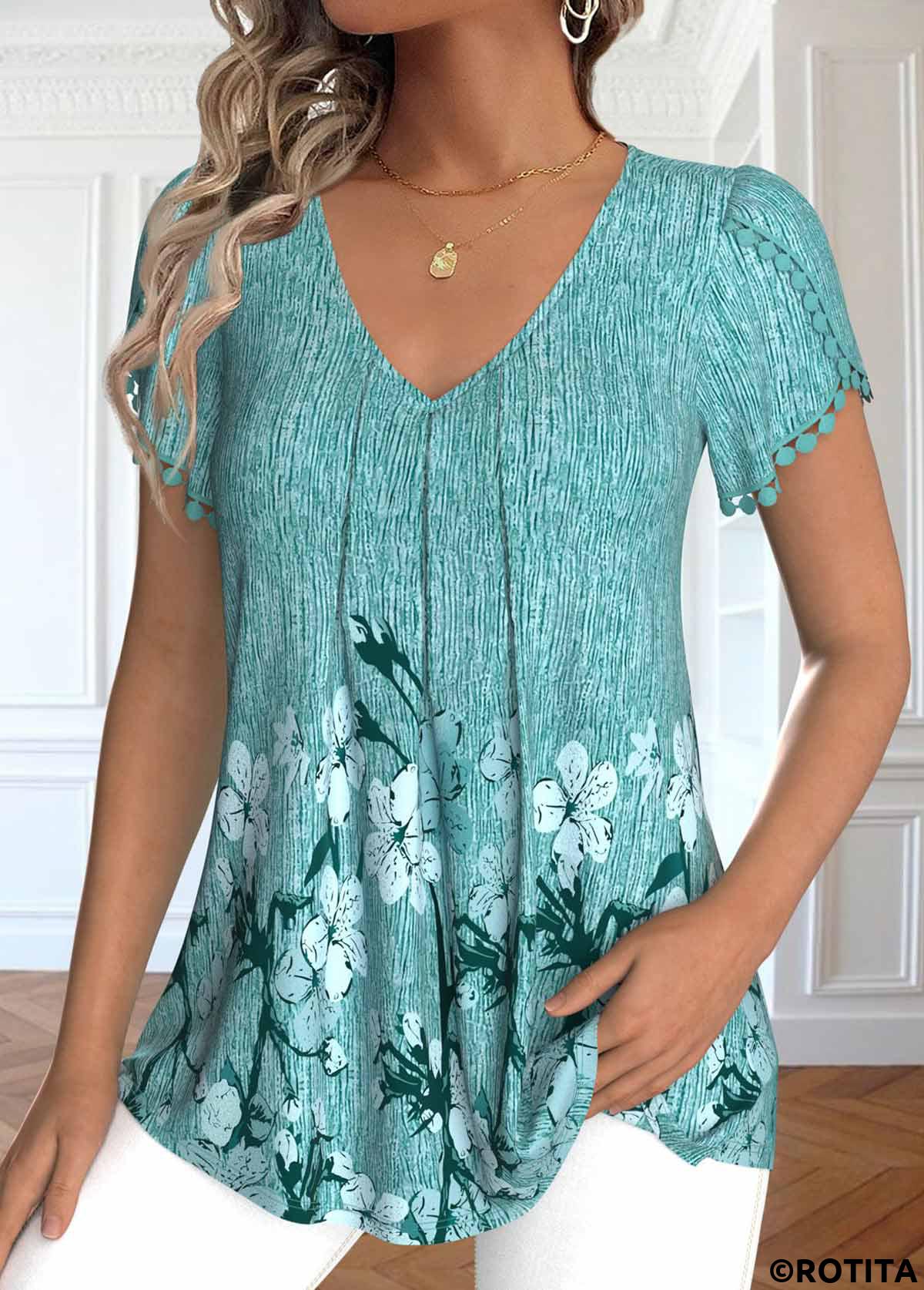 Mint Green tops,Floral tops,Plants tops,ROTITA Embroidery Floral Print Mint Green V Neck T Shirt