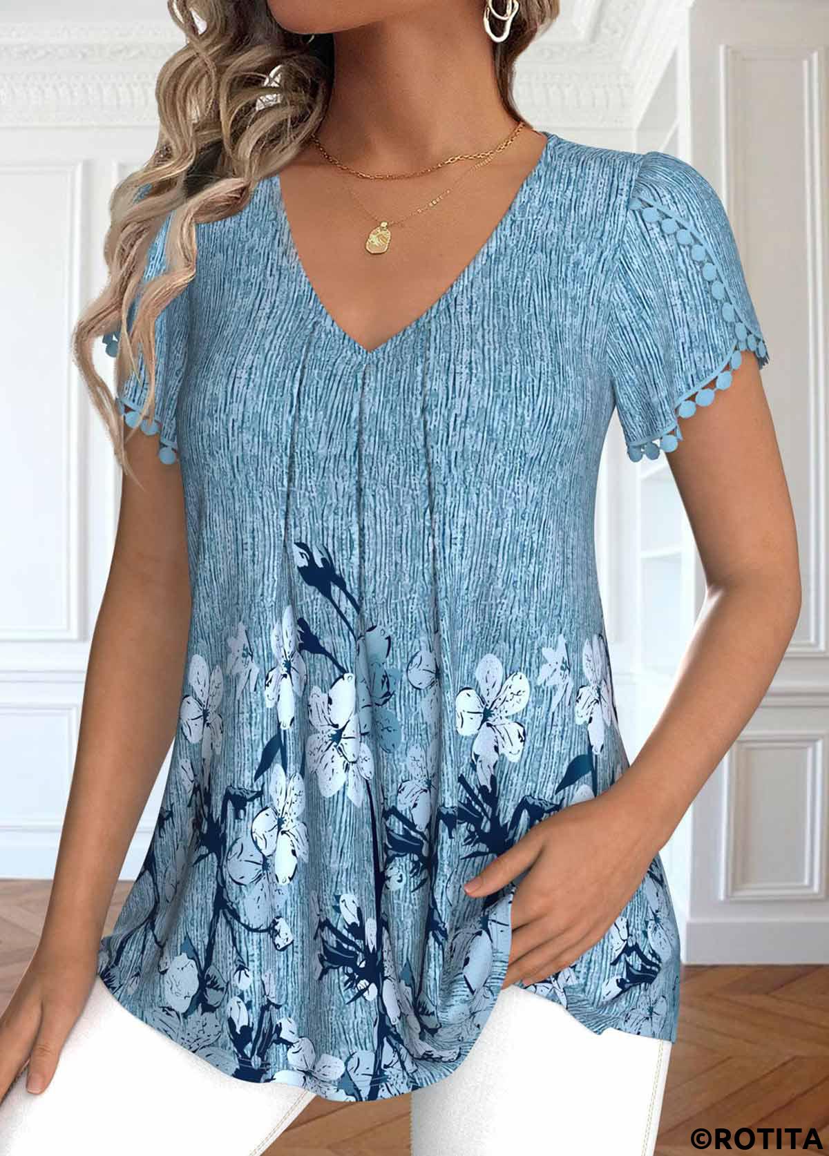Dusty Blue plus size,Floral plus size,Plants plus size,ROTITA Plus Size Embroidery Dusty Blue Floral Print T Shirt