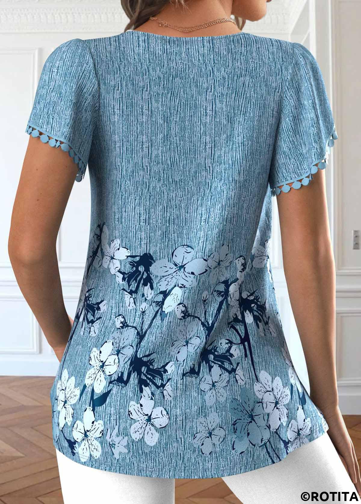 Dusty Blue plus size,Floral plus size,Plants plus size,ROTITA Plus Size Embroidery Dusty Blue Floral Print T Shirt