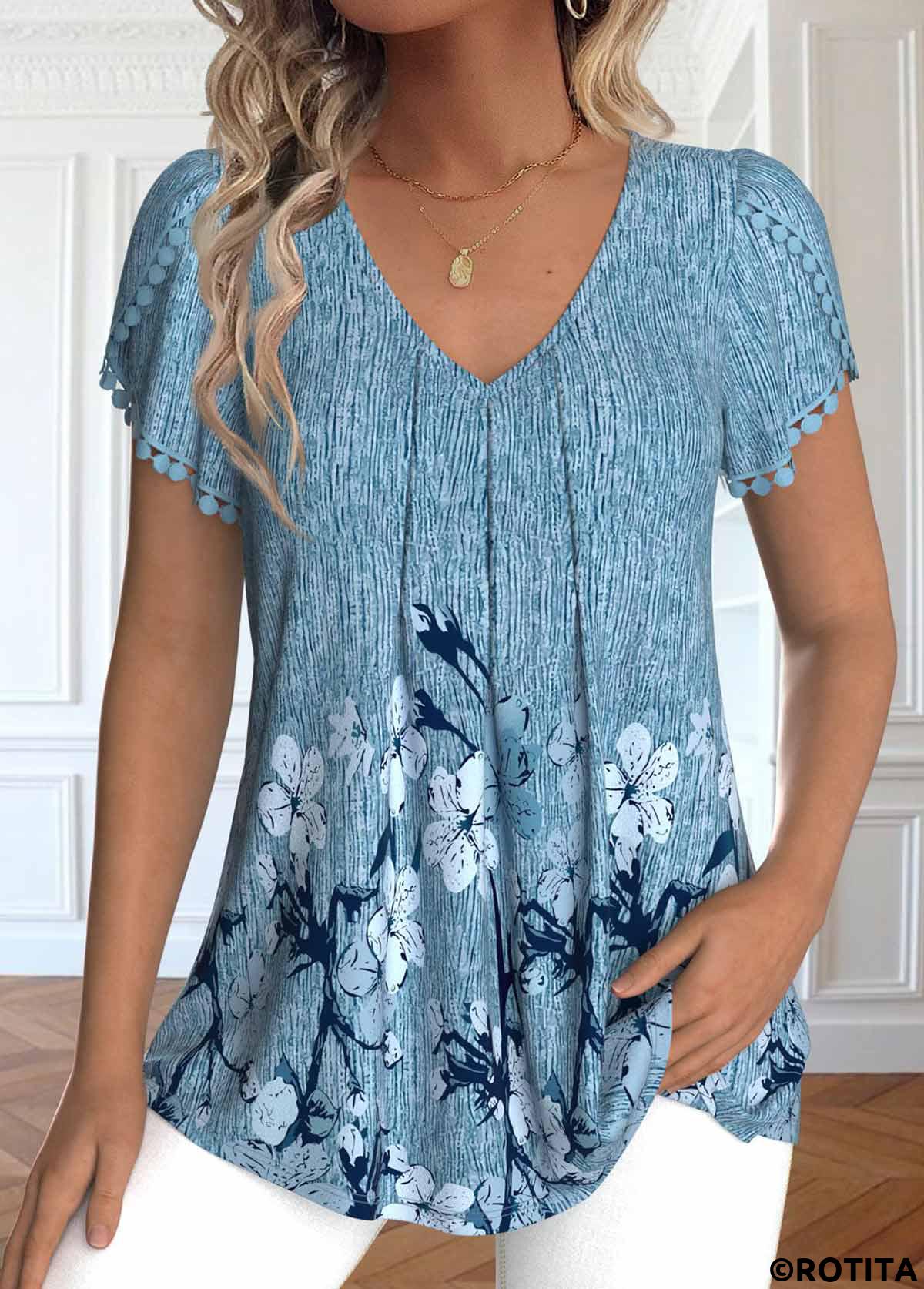 Dusty Blue plus size,Floral plus size,Plants plus size,ROTITA Plus Size Embroidery Dusty Blue Floral Print T Shirt