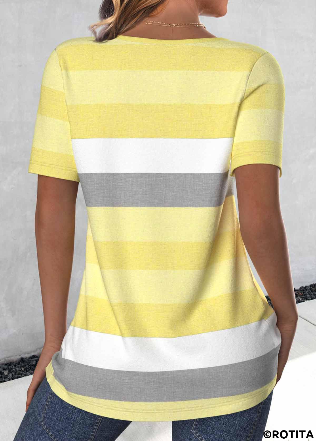 Light Yellow plus size,Striped plus size,Geometric plus size,ROTITA Plus Size Button Light Yellow Striped T Shirt
