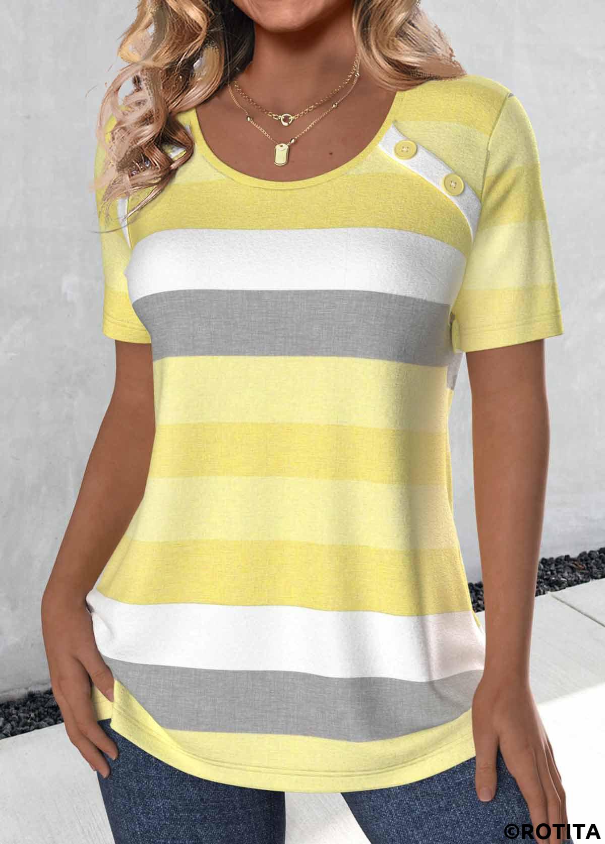 Light Yellow plus size,Striped plus size,Geometric plus size,ROTITA Plus Size Button Light Yellow Striped T Shirt