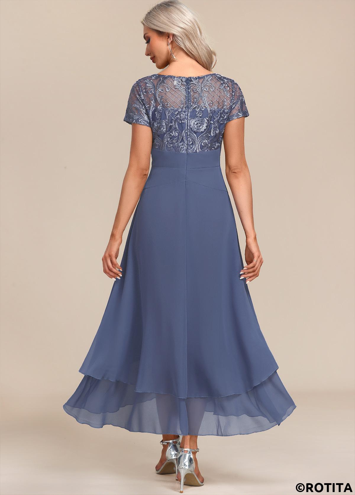 Dusty Blue dresses,Plain Color dresses,Party dresses,Elegant dresses,ROTITA Lace Dusty Blue Round Neck Short Sleeve Maxi Dress