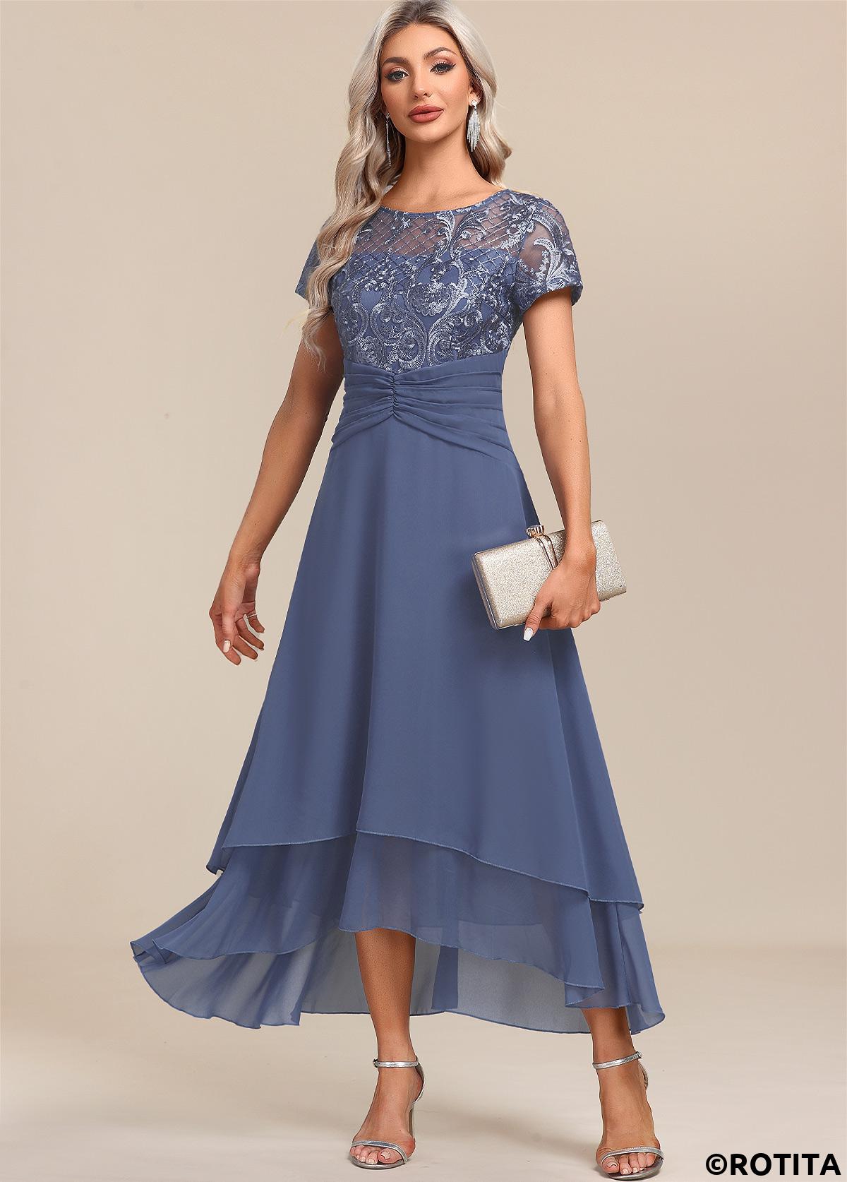 Dusty Blue dresses,Plain Color dresses,Party dresses,Elegant dresses,ROTITA Lace Dusty Blue Round Neck Short Sleeve Maxi Dress