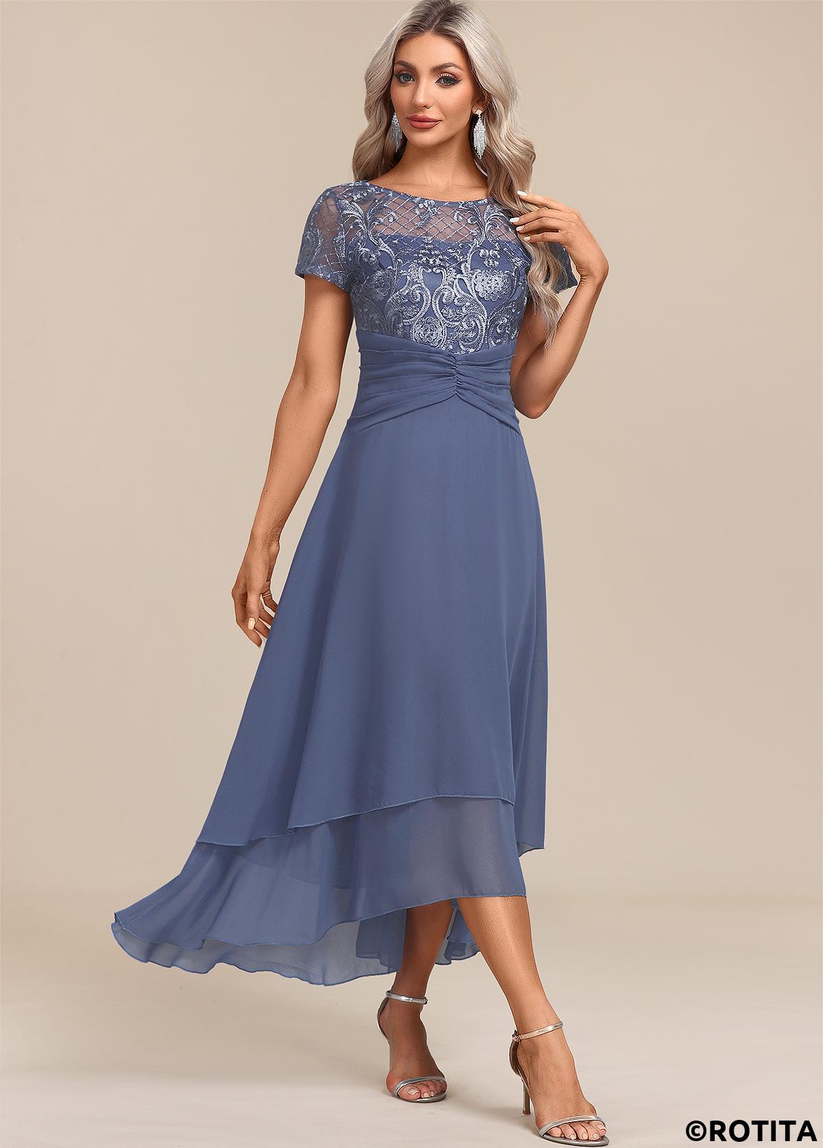 Dusty Blue dresses,Plain Color dresses,Party dresses,Elegant dresses,ROTITA Lace Dusty Blue Round Neck Short Sleeve Maxi Dress